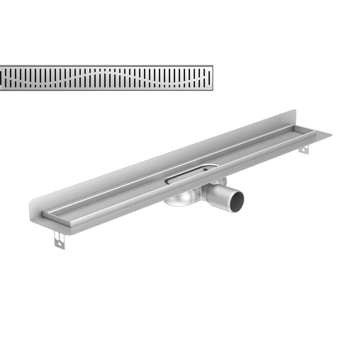 Aco ShowerDrain<sup>®</sup> C 785 Chrome Wave telo kanala sa zidnom prirubnicom, visinom ugradnje 74mm i pokrivnom perforiranom rešetkom od nerđajućeg čelika 9010.88.44