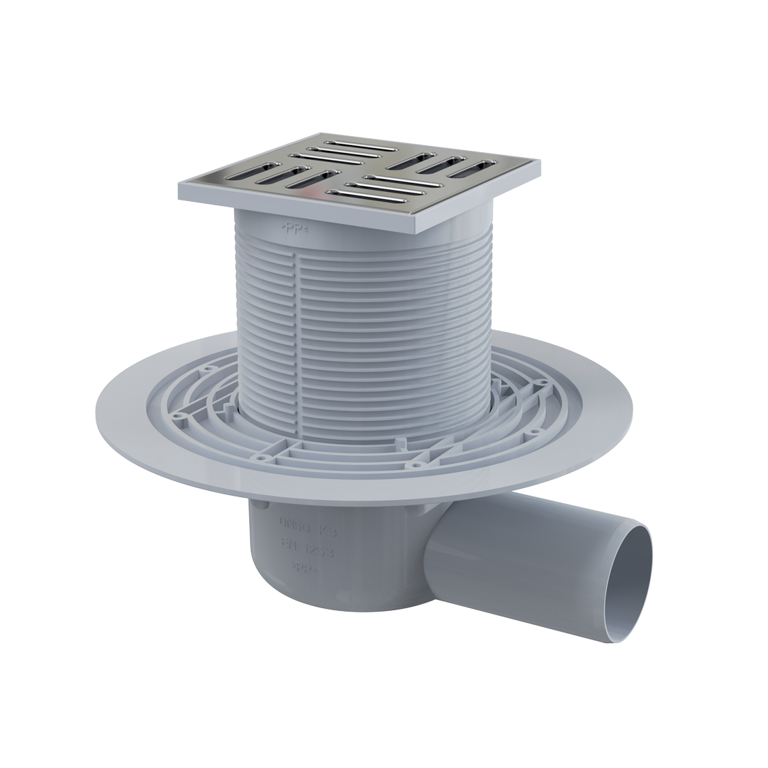 Alca Drain APV101 105x105 Chrome podni slivnik sa visinom ugradnje 88-174mm, zatvaračem neugodnog mirisa, pokrivnom perforiranom rešetkom od čvrstog mesinga debljine 4mm i horizontalnim odvodom Ø50mm