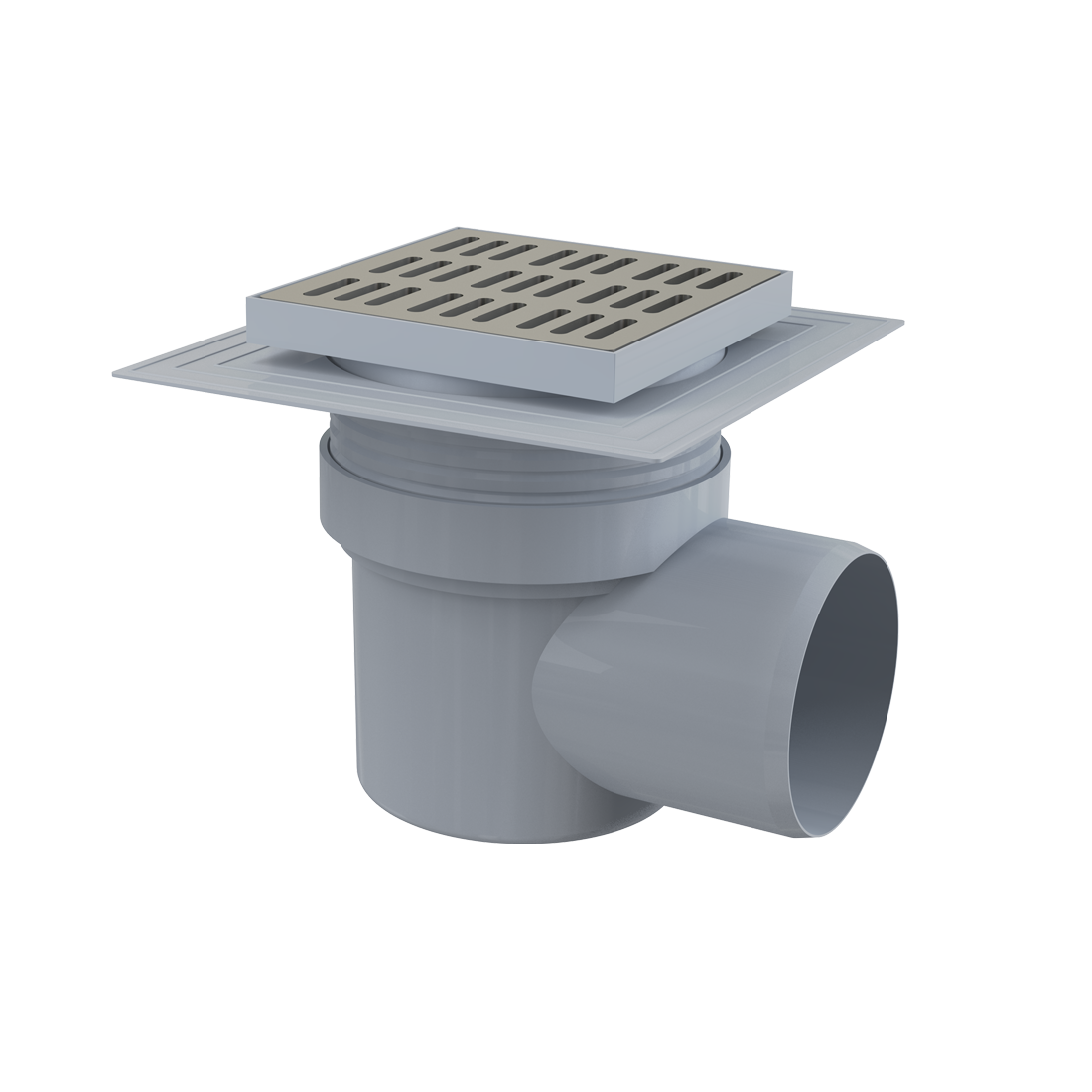 Alca Drain APV12 150x150 Chrome podni slivnik sa visinom ugradnje 173-193mm, mokrim sifonom, pokrivnom perforiranom rešetkom od nerđajućeg čelika debljine 5mm i horizontalnim odvodom Ø110mm