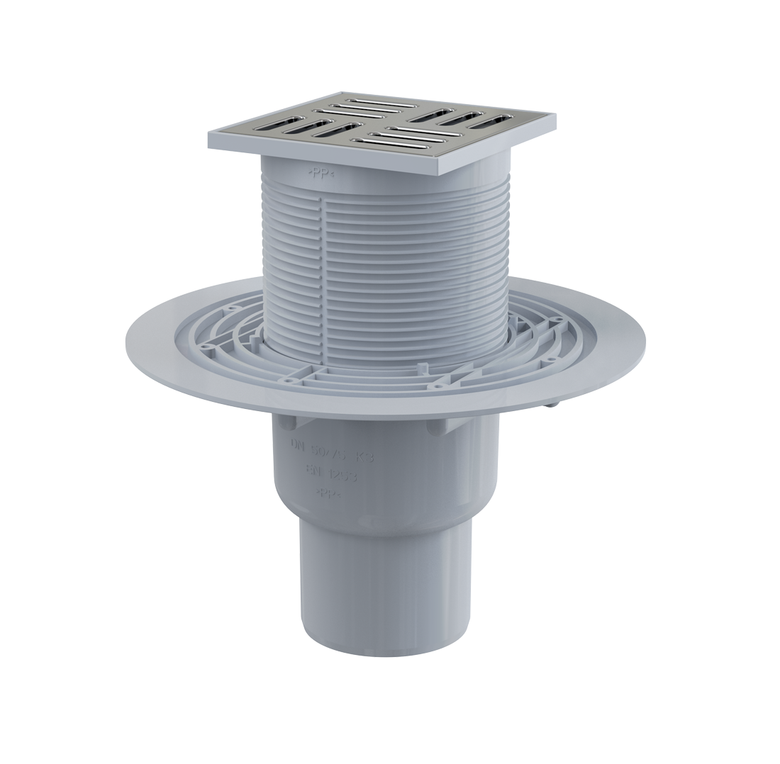 Alca Drain APV201 105x105 Chrome podni slivnik sa visinom ugradnje 144-230mm, zatvaračem neugodnog mirisa, pokrivnom perforiranom rešetkom od čvrstog mesinga debljine 4mm i vertikalnim odvodom Ø50/75mm