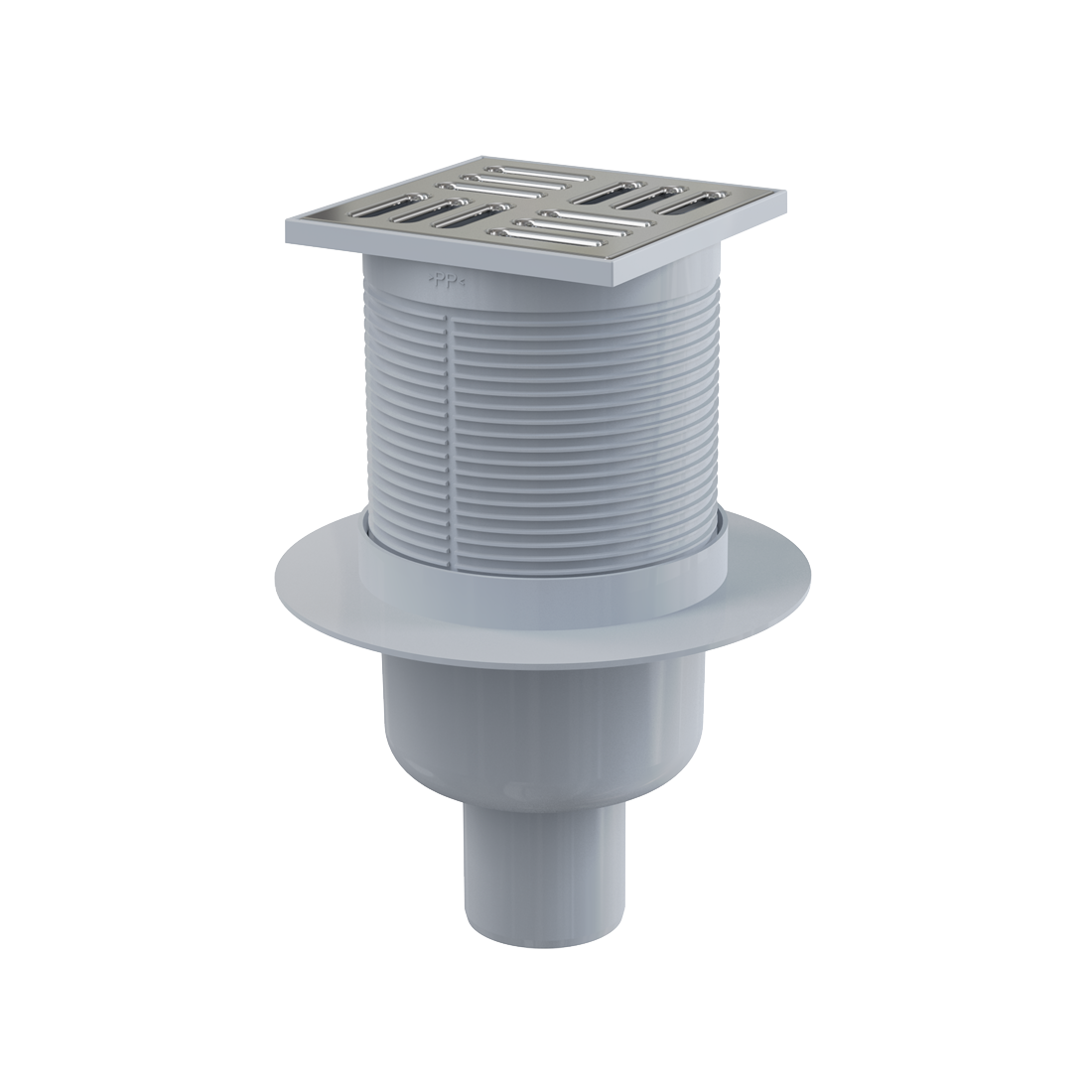 Alca Drain APV32 105x105 Chrome podni slivnik sa visinom ugradnje 138-224mm, Smart sifonom sa zatvaračem mirisa, pokrivnom perforiranom rešetkom od nerđajućeg čelika debljine 5mm i vertikalnim odvodom Ø50mm