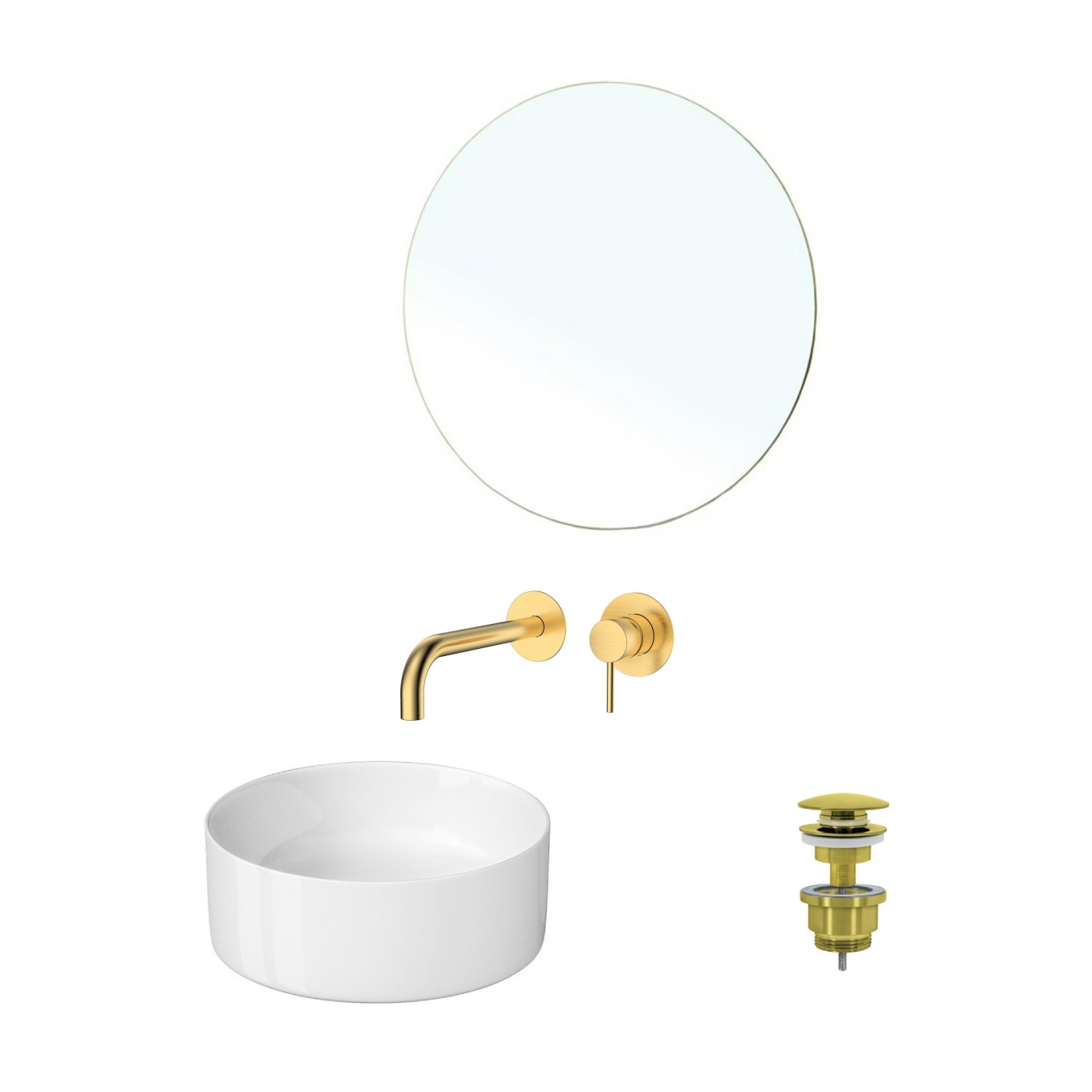 Cersanit, Linni, Giusta i Rosan 4 u 1 set od belog nadgradnog lavaboa sa Brushed Gold slivnikom, Brushed Gold ugradne slavine i okruglog ogledala ø50cm