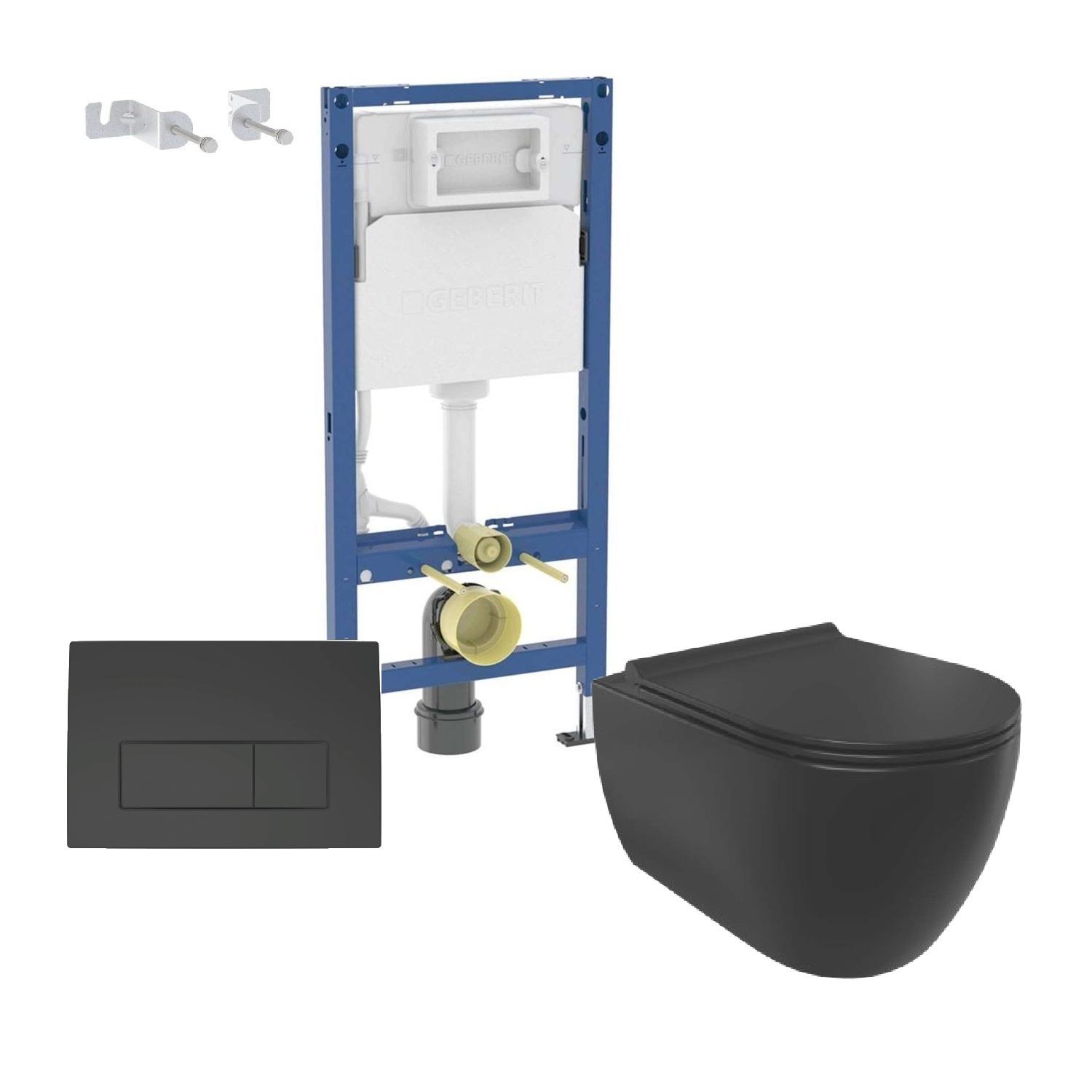 Geberit Delta i Turkuaz City 5 u 1 set od ugradnog vodokotlića sa mat crnim tasterom i crne konzolne WC šolje sa pratećom opremom
