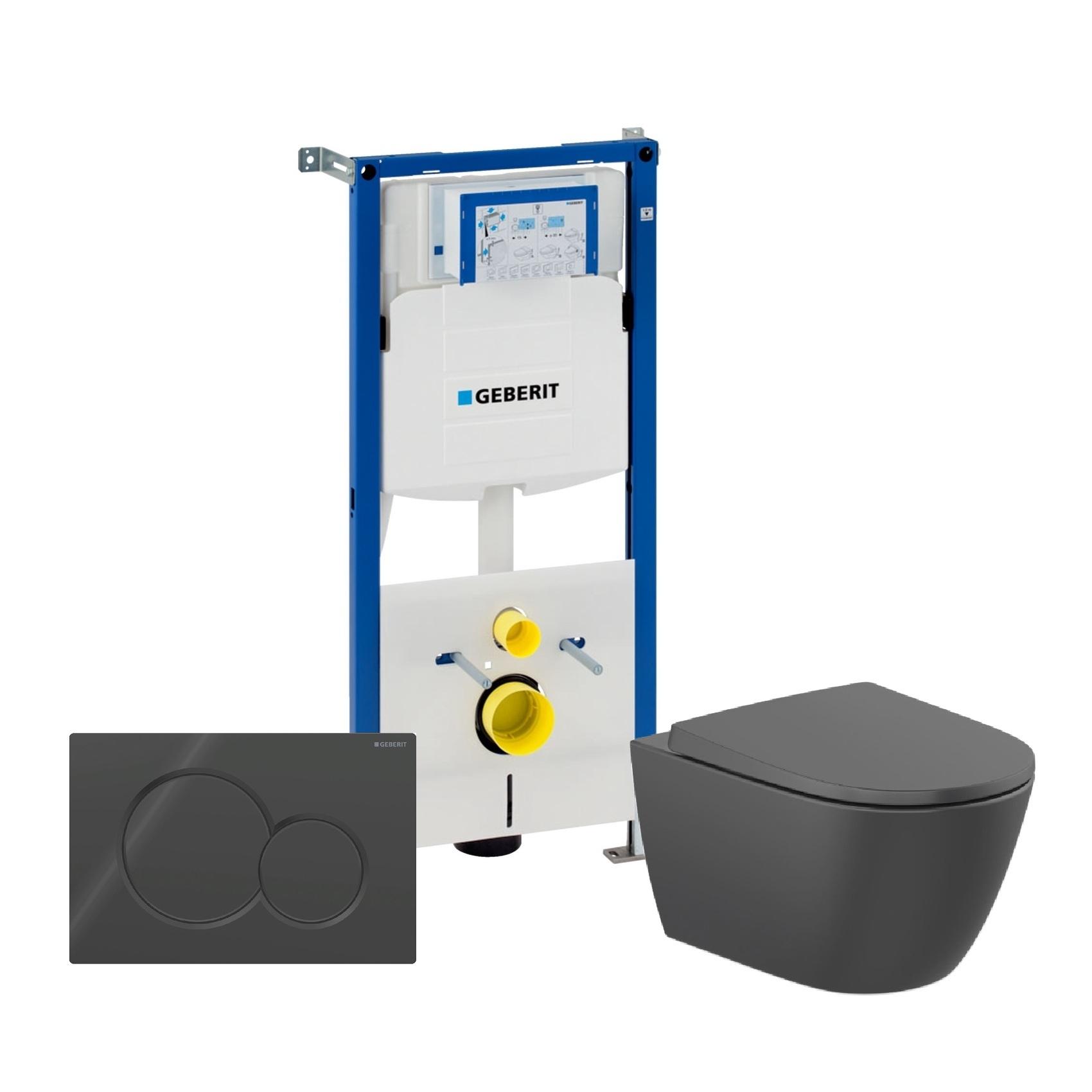 Geberit Sigma i Roca Ona 6 u 1 set od ugradnog vodokotlića sa crnim tasterom i crne konzolne WC šolje sa pratećom opremom