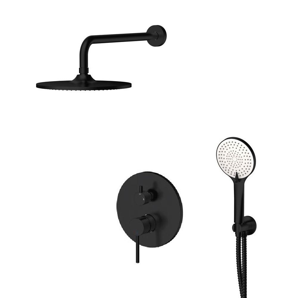 Giusta Ultima Black Matte mešač sa prebacivačem i integrisanim ugradnim telom, nadglavni tuš okrugli sa zidnim držačem i ručni tuš set sa zidnim priključkom sa integrisanim držačem 71301BM0