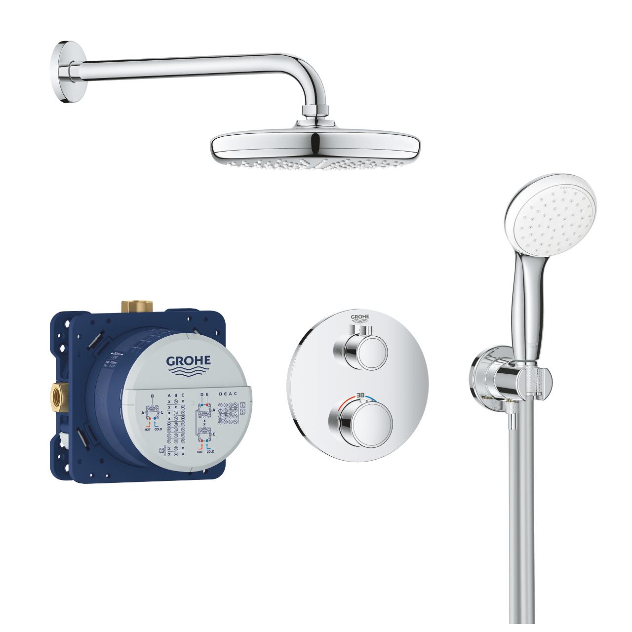 Grohe Grohtherm ugradni tuš set: termostatski mešač sa prebacivačem, univerzalno ugradno telo, nadglavni tuš, držač naglavnog tuša, ručni tuš, priključak i držač ručnog tuša, tuš crevo Rotaflex 34727000