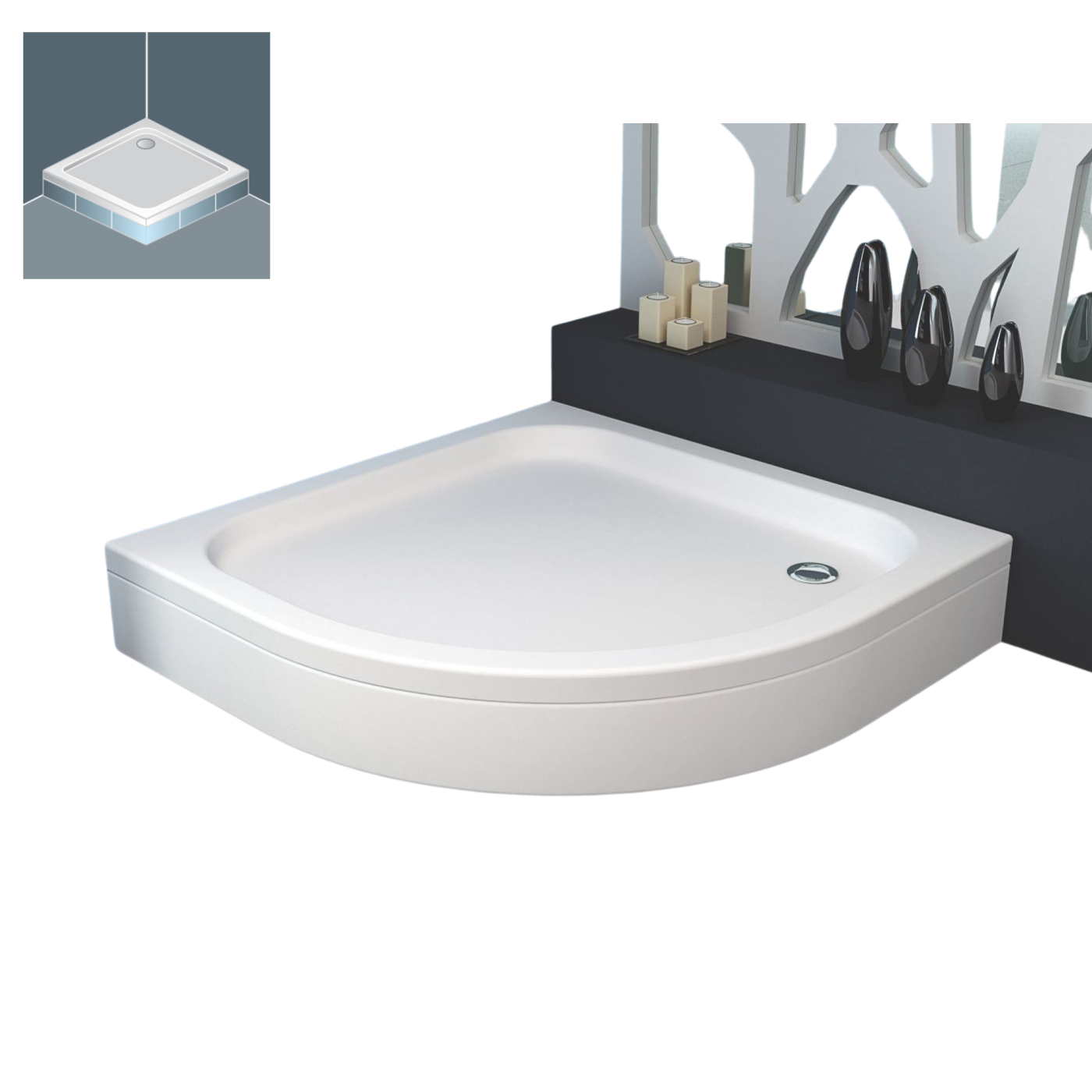 Kolpa San Ontex White 80x80x6 R550 tuš kada polukružna ugradna od sanitarnog akrila sa odlivom Ø52mm 754870