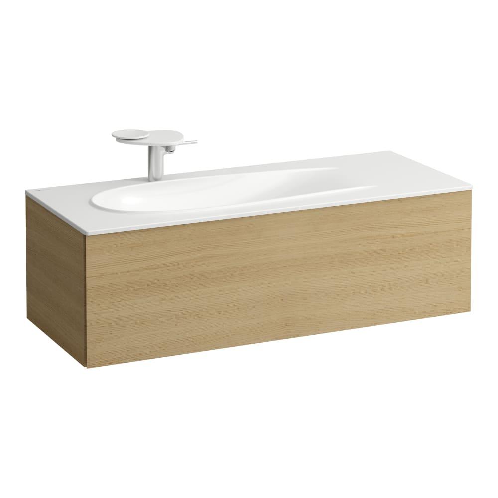 Laufen Il Bagno Alessi Light Oak konzolni ormar za umivaonik 119,4x49,1x36,4 sa fiokom, integrisanom ručkom sa leve i desne strane, jednom fiokom sa mehanizmom za meko zatvaranje i sifonskim izrezom na levoj strani 4.3044.1.097.250.1