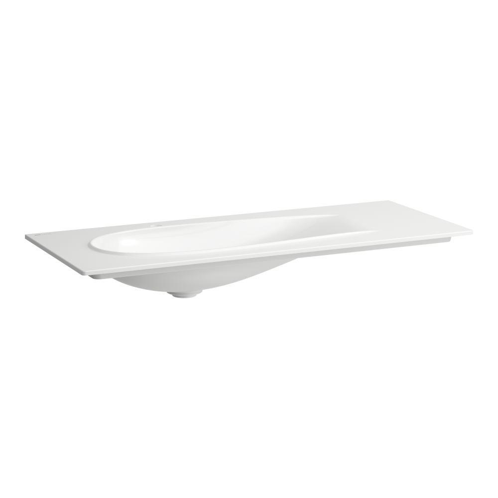 Laufen Il Bagno Alessi White Matt Slim umivaonik (lavabo) 120x50x16 konzolni i nadrgradni sa rupom za bateriju, desnim zaravnjenjem i keramickim odlivnim ventilom sifona nezatvorivim 8.1797.9.757.104.1