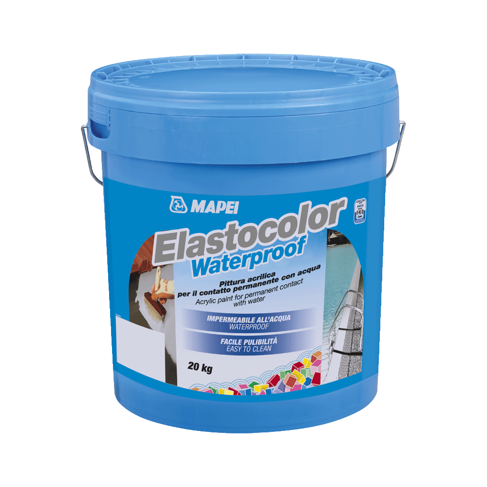 Mapei Elastocolor Waterproof 20kg vodootporna akrilna boja koja se lako čisti, za obradu unutrašnjih ili spoljašnjih površina koje su u stalnom kontaktu sa vodom idealna za bazene u bojama iz ColorMap® sistema (0,6-0,8kg/m<sup>2</sup>)