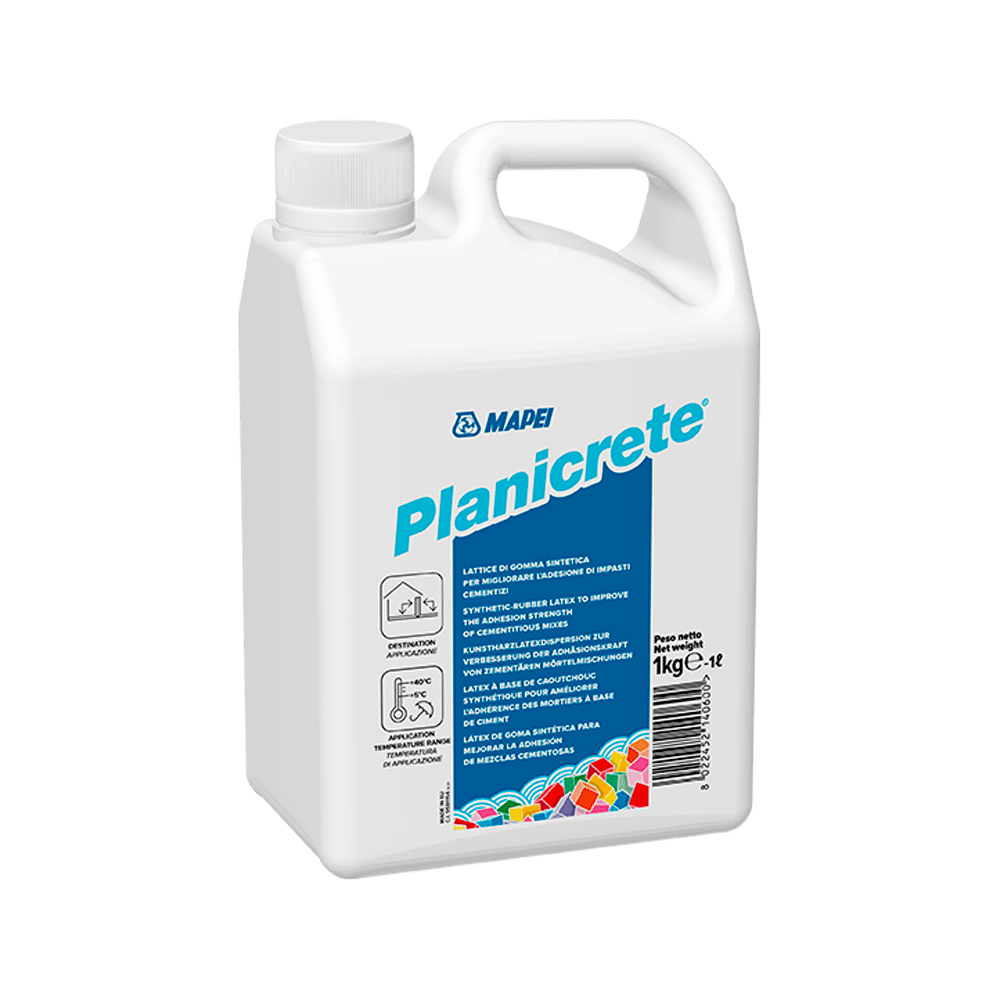 Mapei Planicrete 1kg aditiv za maltere za poboljšanje prianjanja i oplemenjivanje mehaničkih svojstava na bazi lateks sintetičke smole (oko 0,35kg/m<sup>2</sup> za SN vezu i 50-80kg/m<sup>3</sup> cementa)