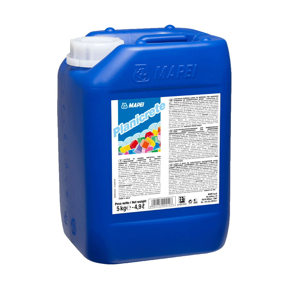 Mapei Planicrete 5kg aditiv za maltere za poboljšanje prianjanja i oplemenjivanje mehaničkih svojstava na bazi lateks sintetičke smole (oko 0,35kg/m<sup>2</sup> za SN vezu i 50-80kg/m<sup>3</sup> cementa)