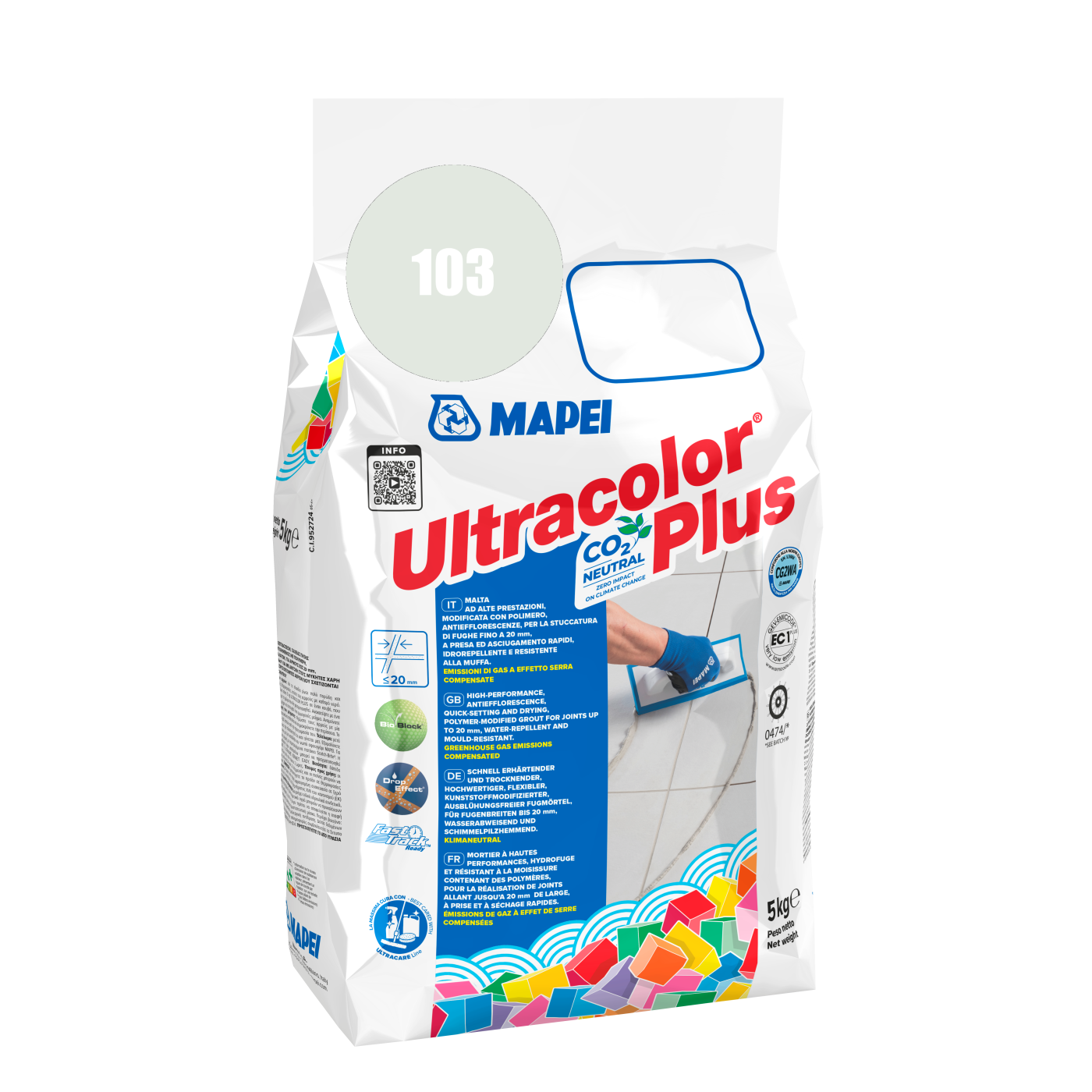 Mapei UltraColor Plus (103) Moon White - mesečeva bela 5kg cementna masa za fugovanje brzovezujuća i brzosušeća, vodoodbojna, otporna na buđ i iscvetavanje soli za fuge do 20mm