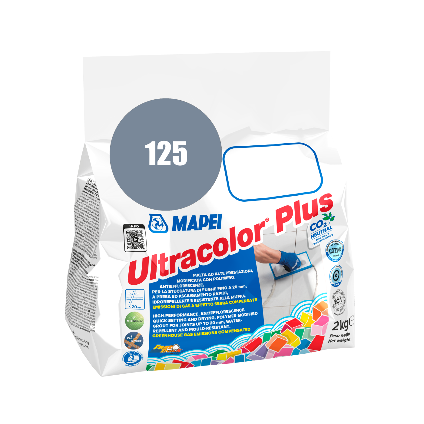 Mapei UltraColor Plus (125) Castle Grey- kamen siva 2kg cementna masa za fugovanje brzovezujuća i brzosušeća, vodoodbojna, otporna na buđ i iscvetavanje soli za fuge do 20mm