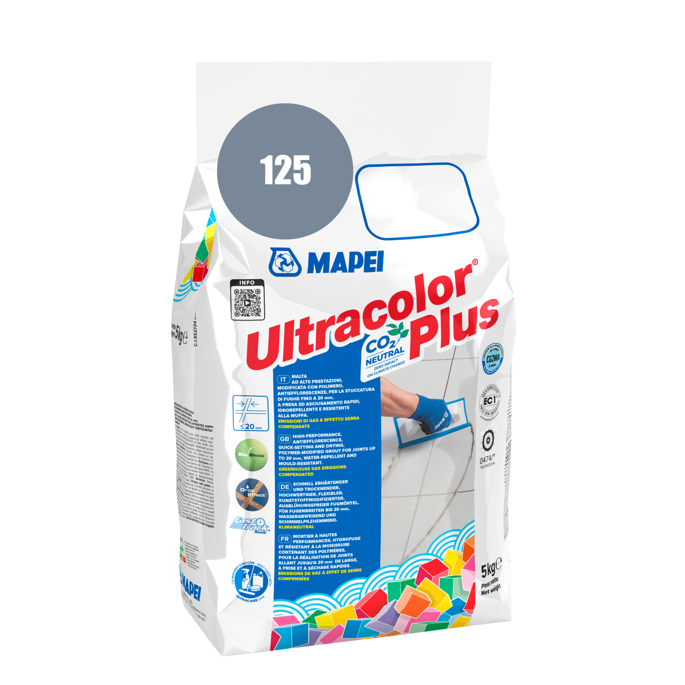 Mapei UltraColor Plus (125) Castle Grey- kamen siva 5kg cementna masa za fugovanje brzovezujuća i brzosušeća, vodoodbojna, otporna na buđ i iscvetavanje soli za fuge do 20mm