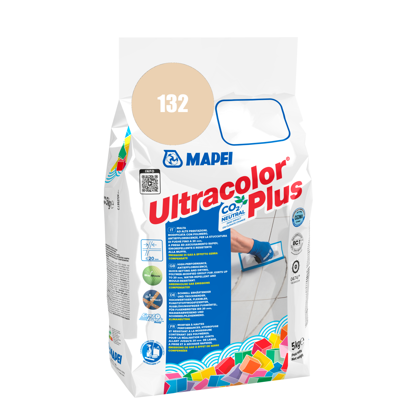 Mapei UltraColor Plus (132) Beige - bež 2000 5kg cementna masa za fugovanje brzovezujuća i brzosušeća, vodoodbojna, otporna na buđ i iscvetavanje soli za fuge do 20mm