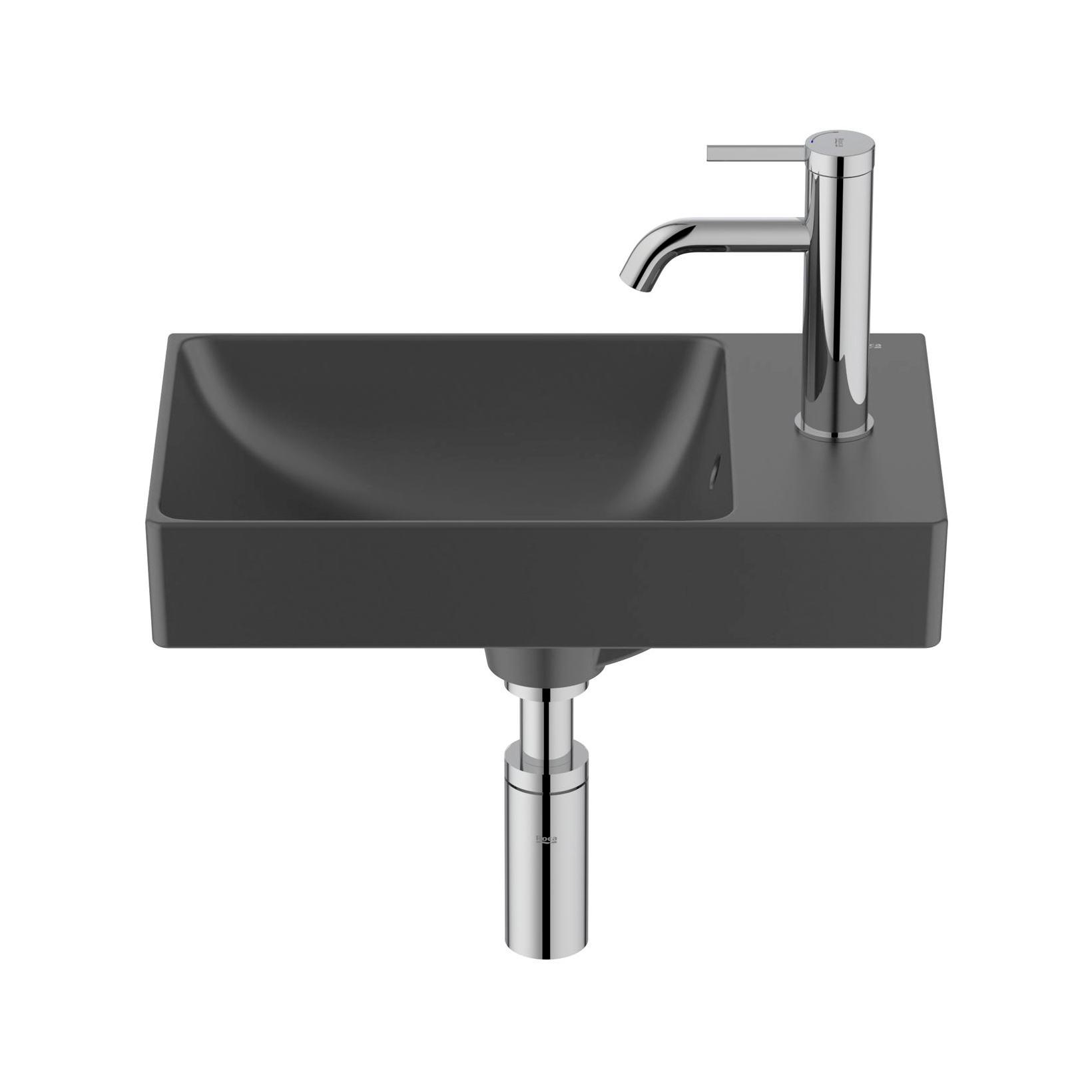 Roca Ona Matt Black Fineceramic® umivaonik (lavabo) 45x26x8 konzolni sa rupom za bateriju desno i prelivom A327681080