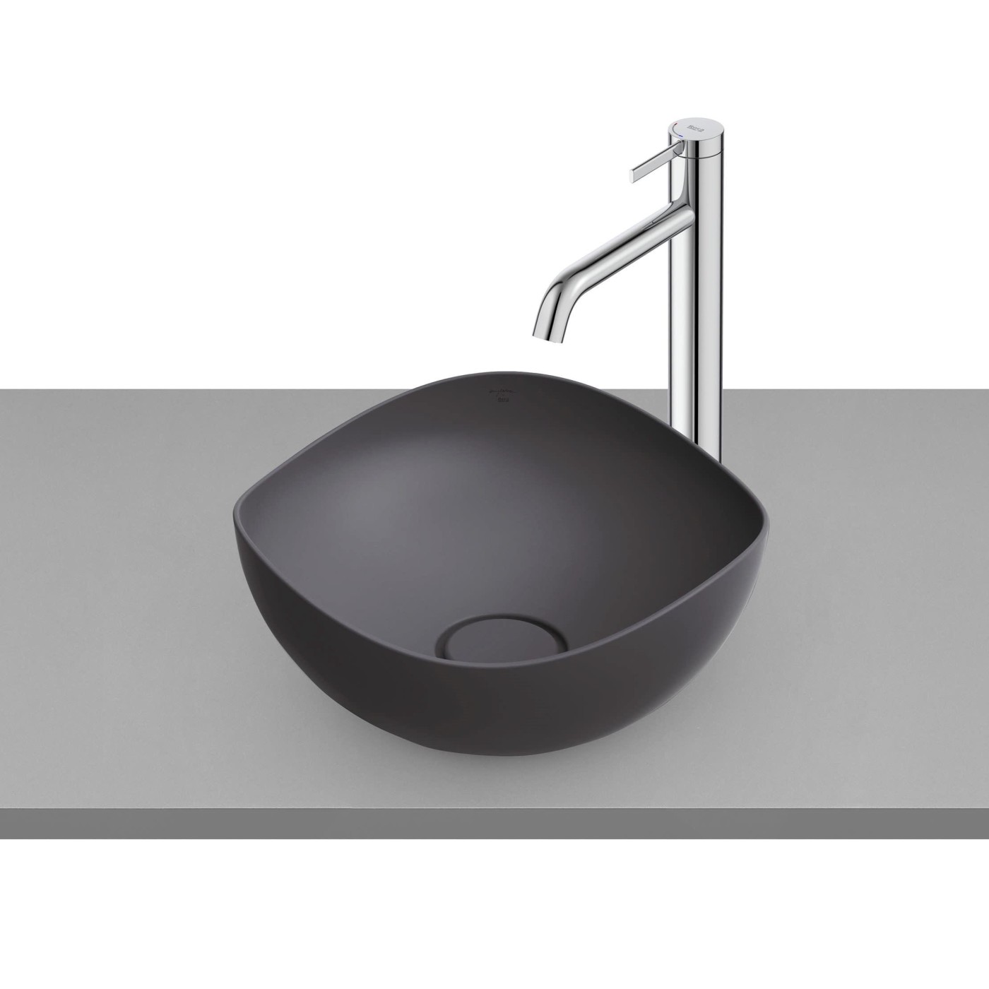 Roca Ruy Ohtake Black Fineceramic® umivaonik (lavabo) 38x38x18,1 nadgradni asimetrični ovalni sa poklopcem za odliv A327A15080