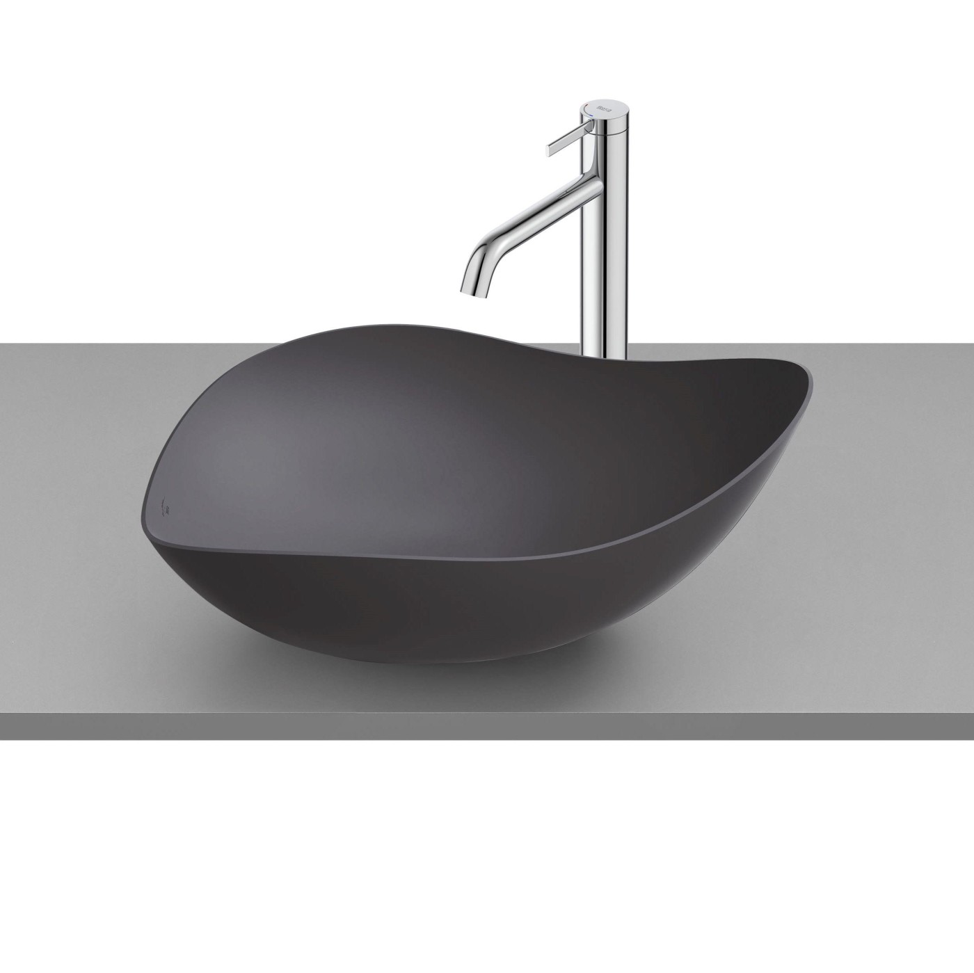 Roca Ruy Ohtake Matt Black  Fineceramic® umivaonik (lavabo) 55x38x18 nadgradni ovalni asimetrični sa poklopcem za odliv A327A13080