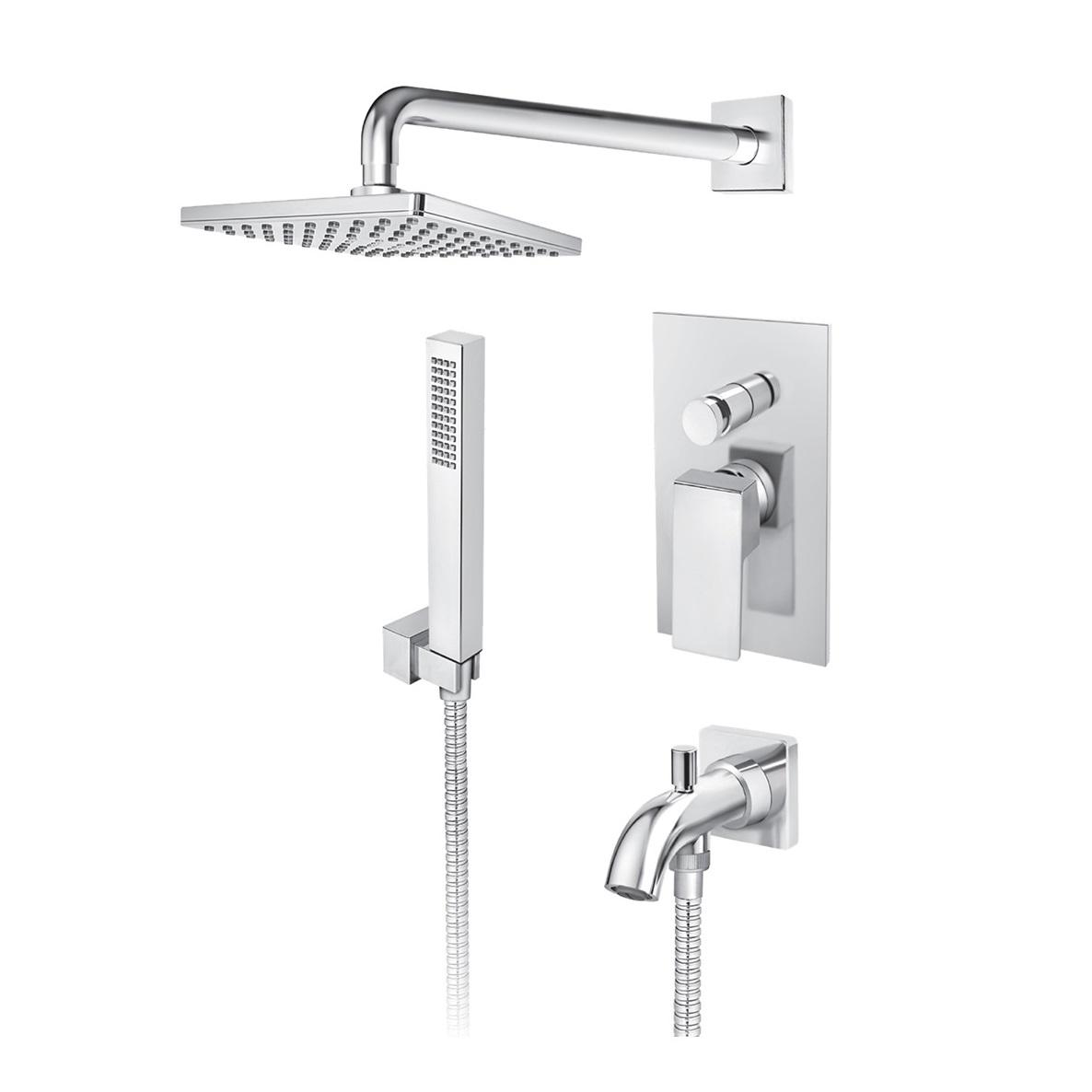 Rosan Quadro Chrome mešač sa prebacivačem, nadglavni tuš set četvrtasti zidni, ručni tuš set fiksni i izliv sa priključkom za crevo ručnog tuša JQ31701