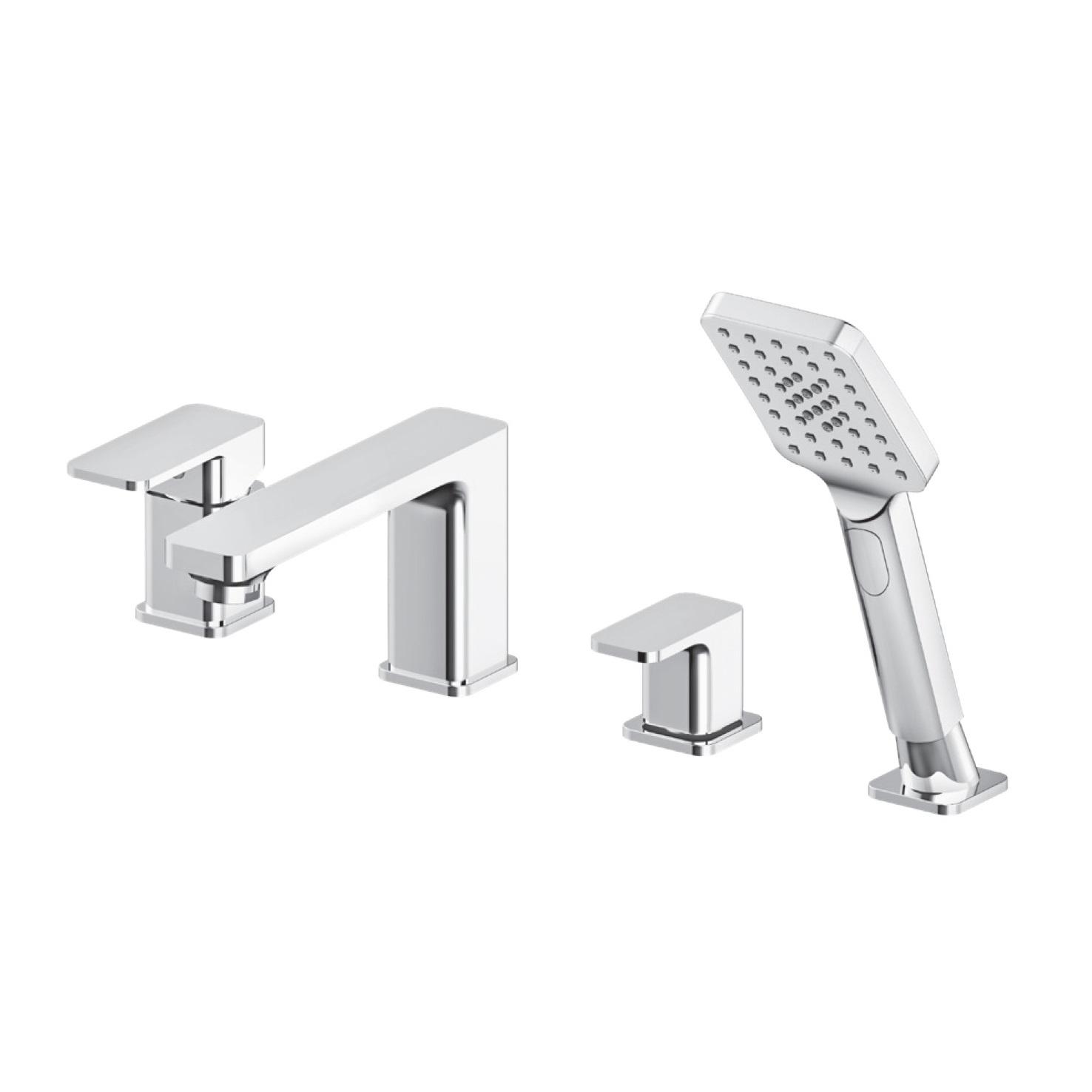 Rosan S2 Chrome baterija (slavina) za kadu ugradna za 4 otvora sa prebacivačem, izlivom i ručnim tuš setom na izvlačenje sa šušem sa više mlazeva 233204