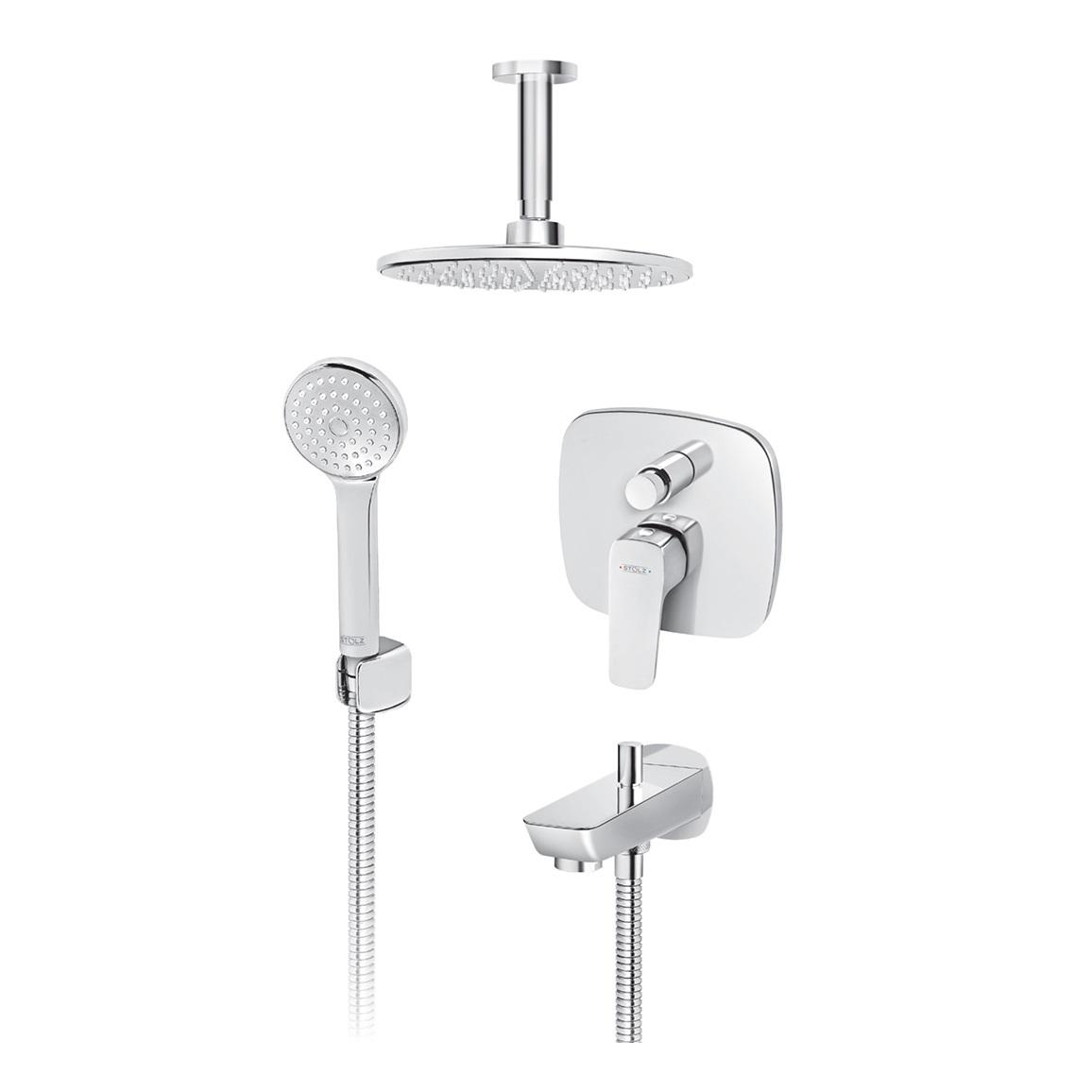 Rosan Stolz 220 Chrome mešač sa prebacivačem, nadglavni tuš sa plafonskim držačem, izliv sa priključkom za crevo ručnog tuša i ručni tuš set sa fiksnim držačem 131703