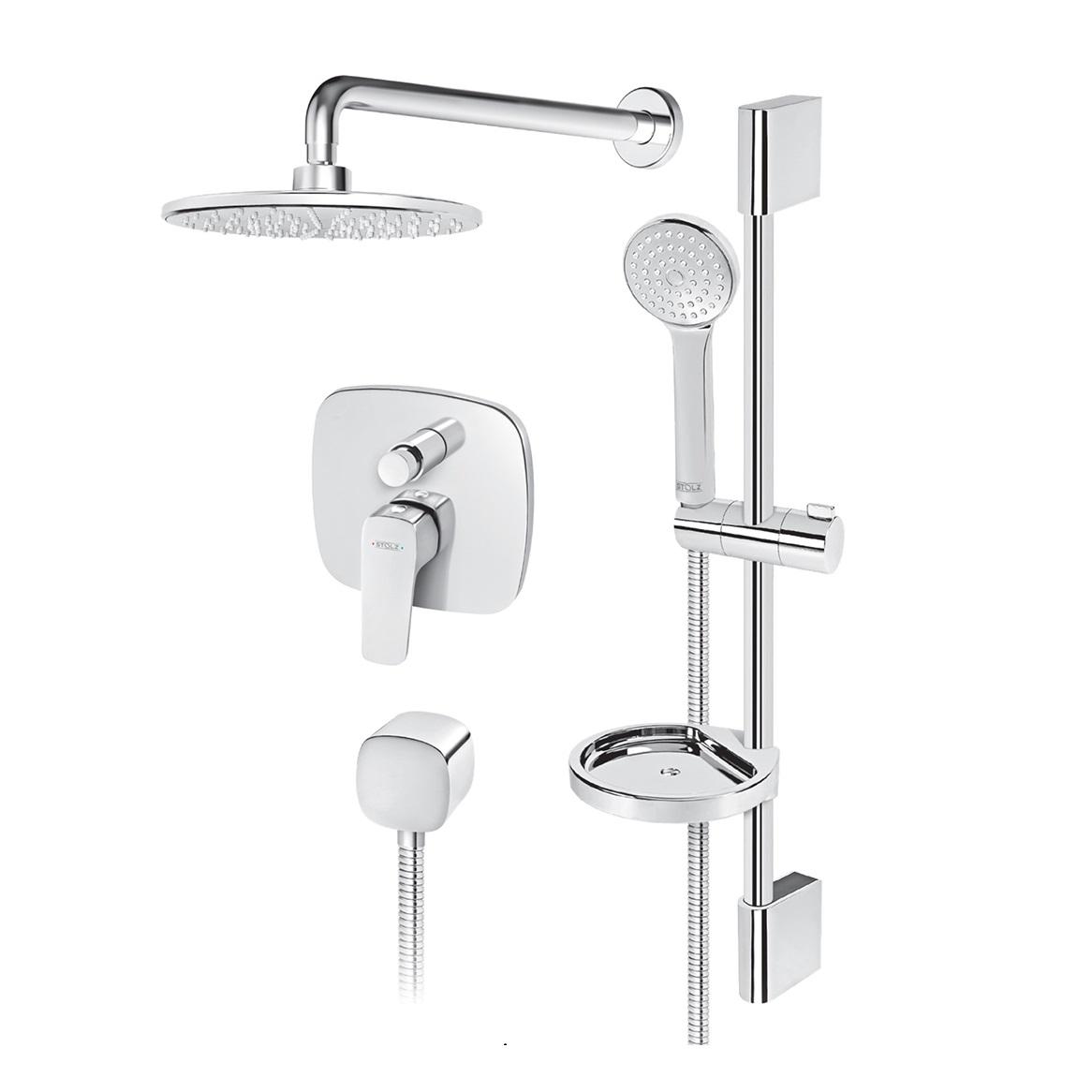 Rosan Stolz 220 Chrome mešač sa prebacivačem, nadglavnim tuš setom zidnim okruglim i ručnim tuš setom sa usponskom šipkom sa kliznim držačem 131602