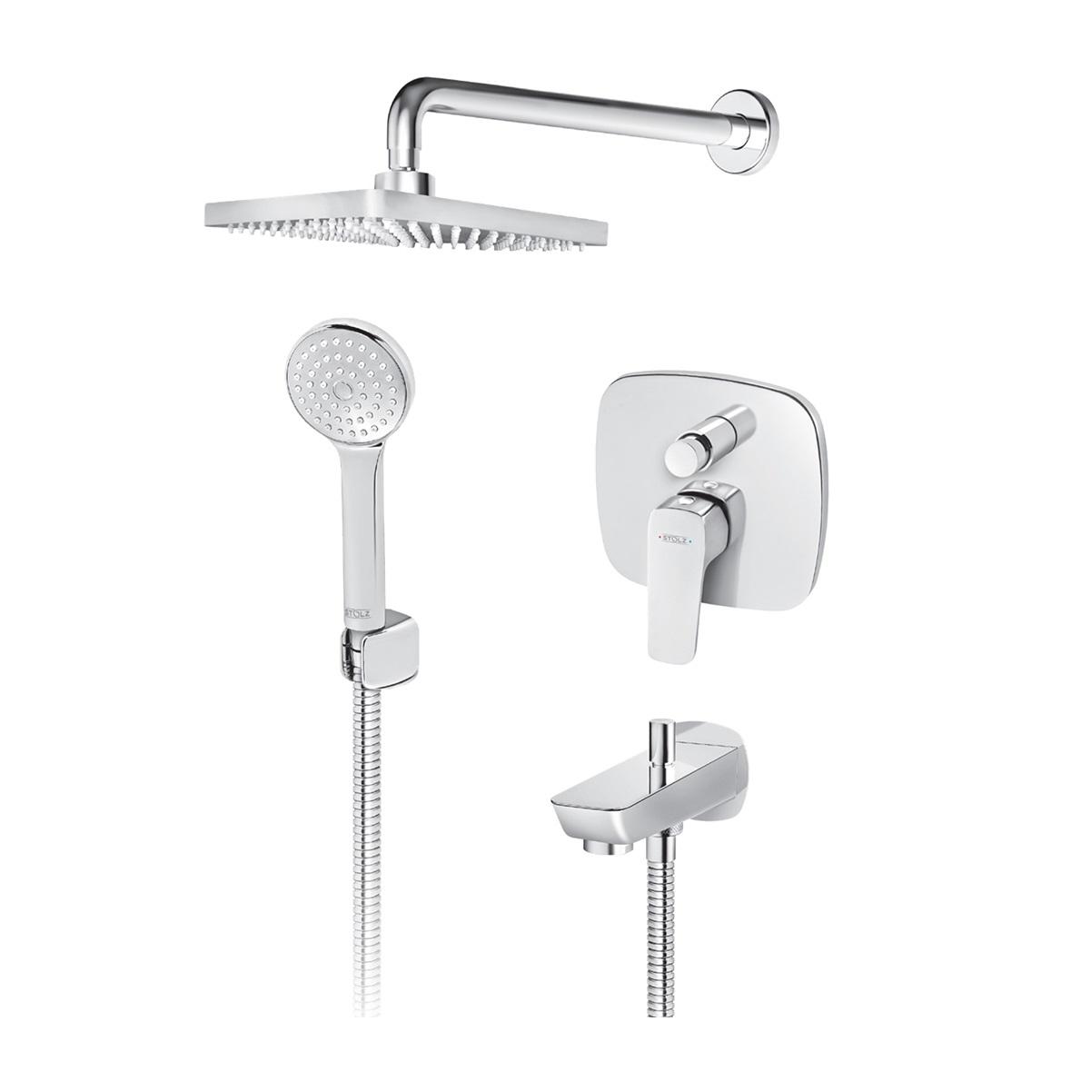 Rosan Stolz 250 Chrome mešač sa prebacivačem, izlivom sa prebacivačem, ručnim tuš setom i naglavnm tušem zidnim četvrtastim 131705