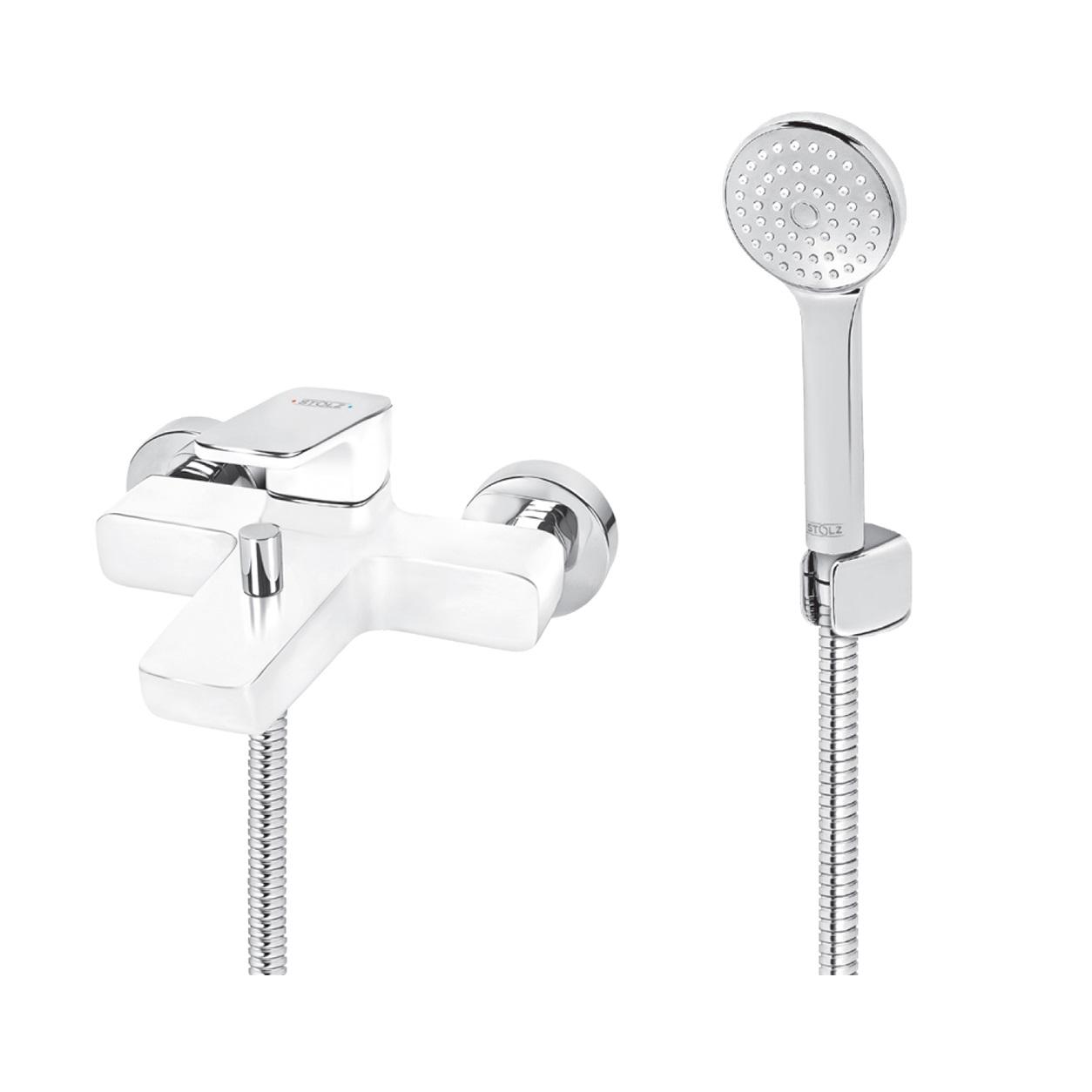 Rosan Stolz White/Chrome baterija (slavina) za tuš sa izlivom, crevom, ručnim tušem i držačem ručnog tuša 133101W