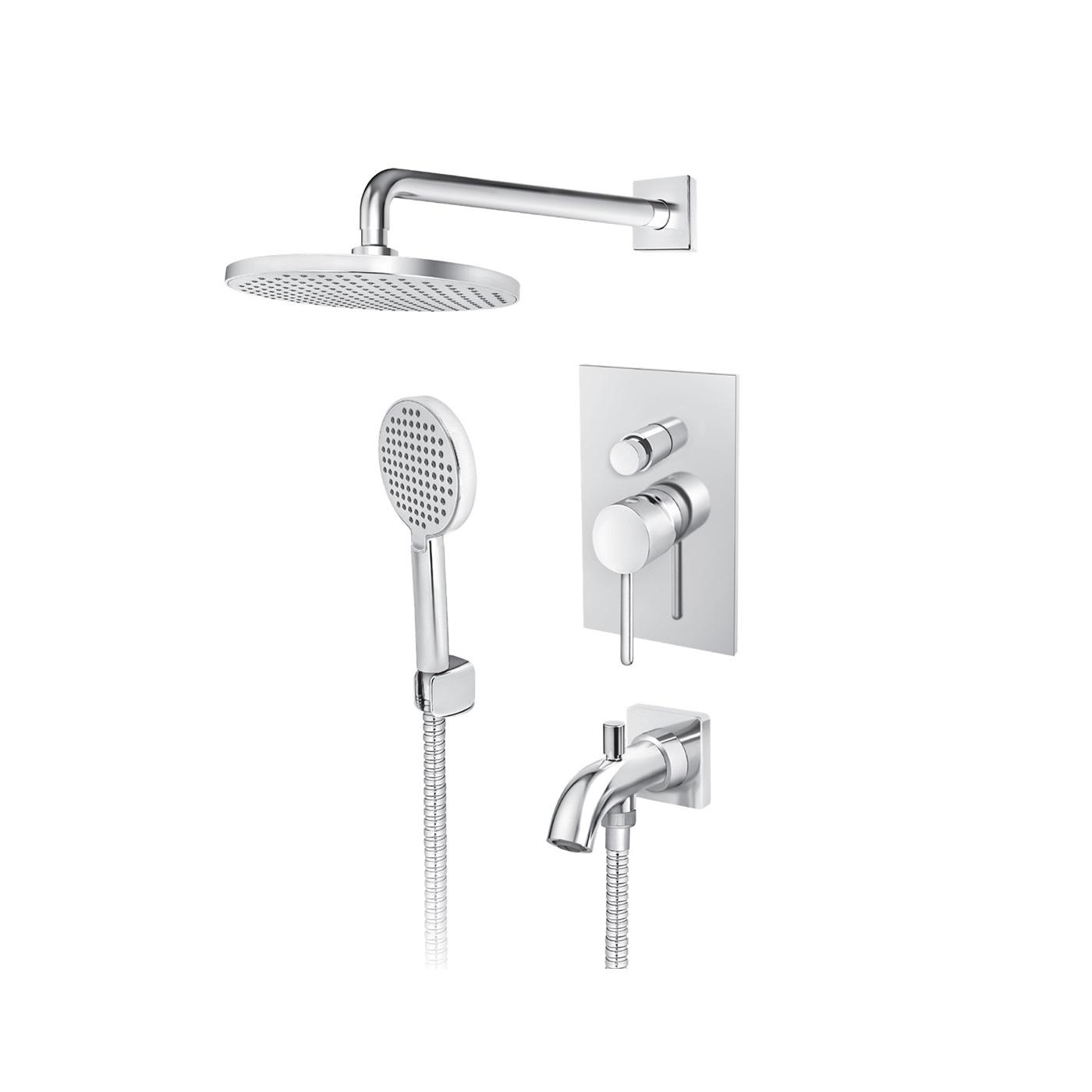 Rosan Zerro 220 Chrome mešač sa prebacivačem, nadglavnim tuš setom okruglim, izlivom sa prebacivačem i priključkom za srevo ručnog tuša i ručnim tuš setom JZ31701