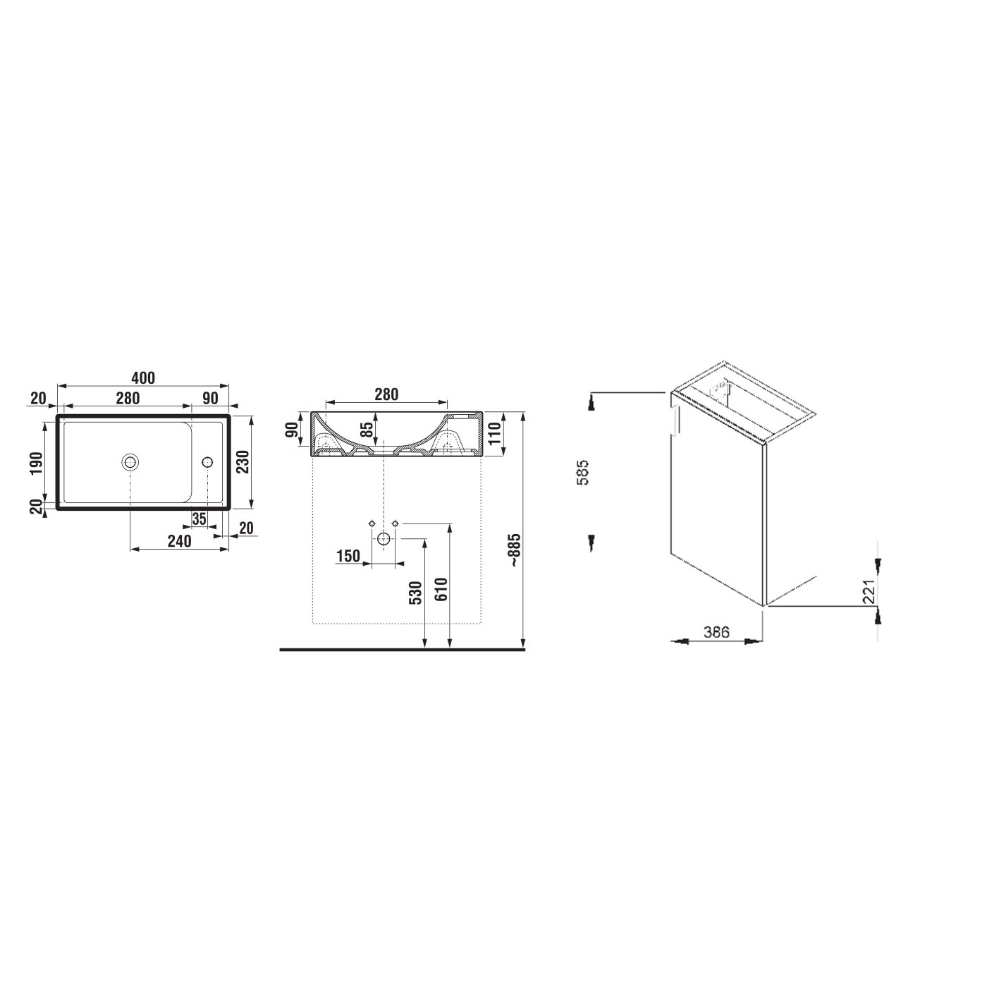 Jika Petit Grey ormar i umivaonik (labavo) konzloni sa rupom za bateriju na desnoj strani 38,6x22,1x58,5 4.5351.1.175.301.1