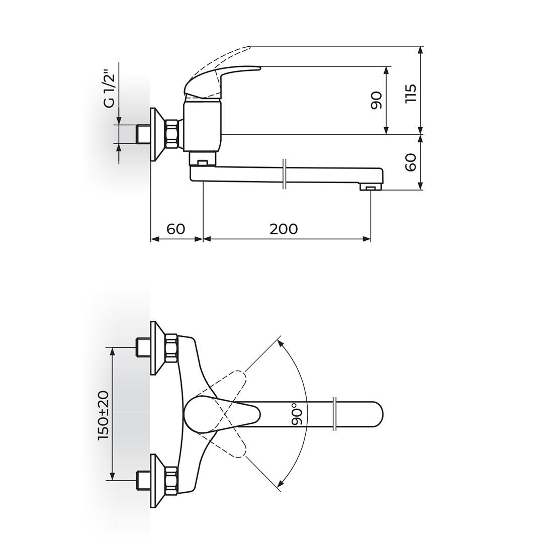 Rosan Perla Chrome baterija (slavina) za sudoperu i umivaonik iz zida sa dužinom izliva 200mm JP321020