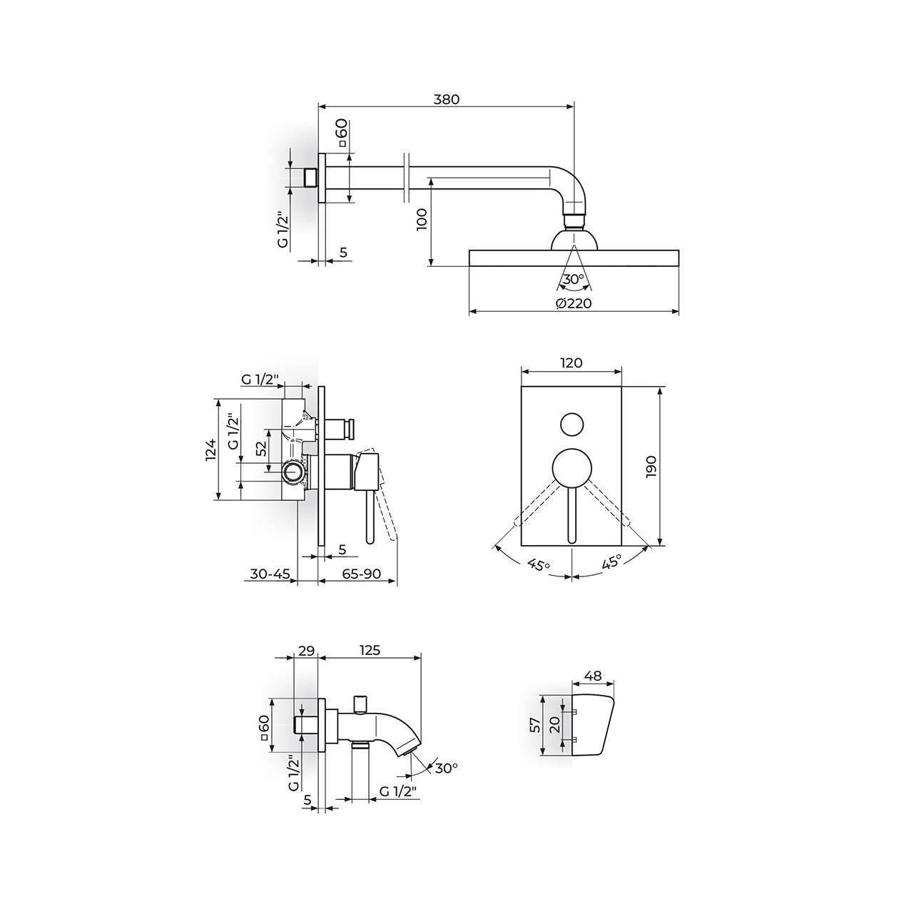 Rosan Zerro 220 Chrome mešač sa prebacivačem, nadglavnim tuš setom okruglim, izlivom sa prebacivačem i priključkom za srevo ručnog tuša i ručnim tuš setom JZ31701