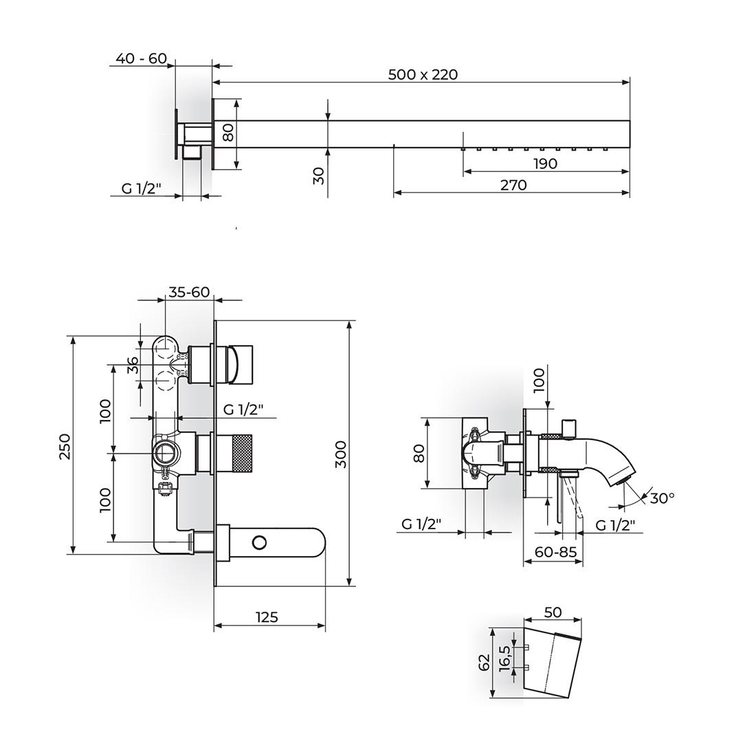 Rosan S2 500/220 Chrome mešač sa prebacivačem i izlivom sa priključkom za crevo ručnog tuša, nadglavnim tušem sa 2 mlaza četvrtastim i ručnim tuš setom 231709