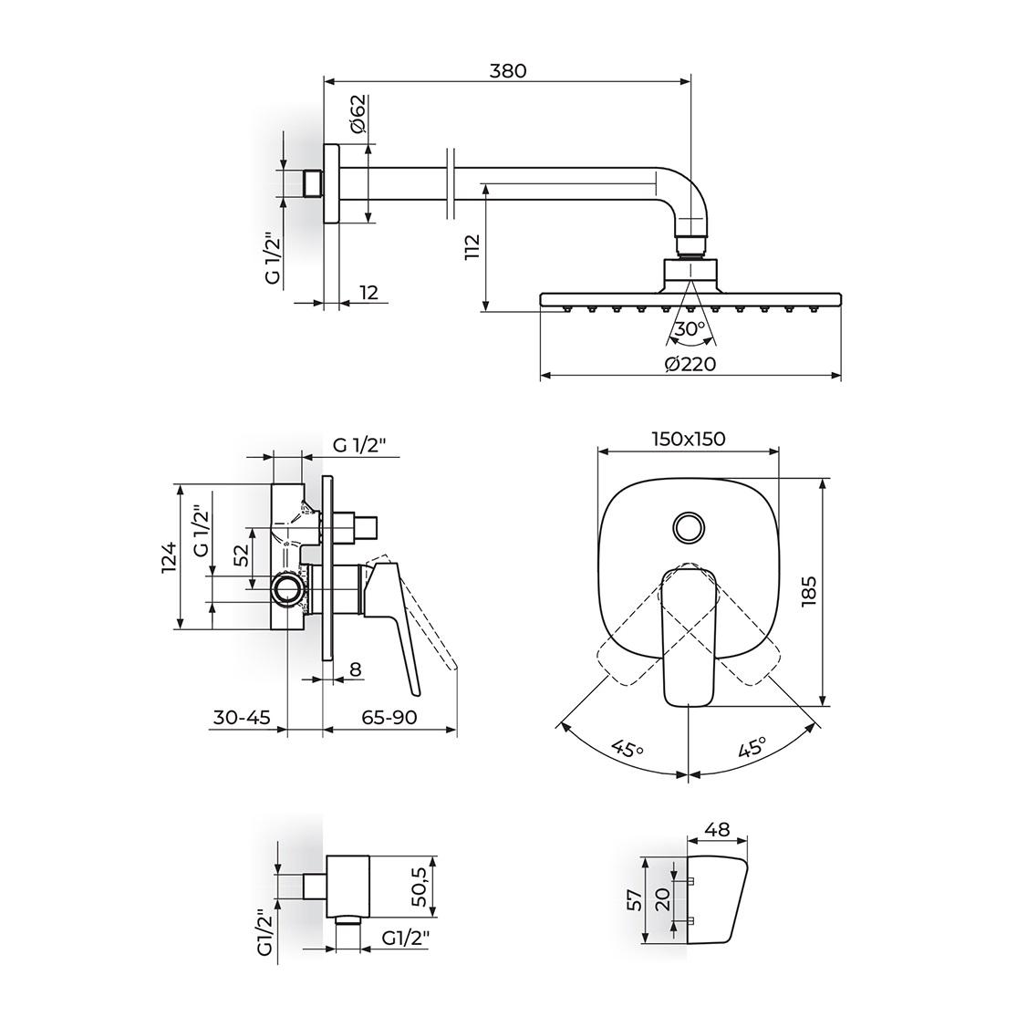 Rosan Stolz Chrome mešač sa prebacivačem, nadglavni tuš okrugli sa zidnim držačem i ručnim tuš setom 131601
