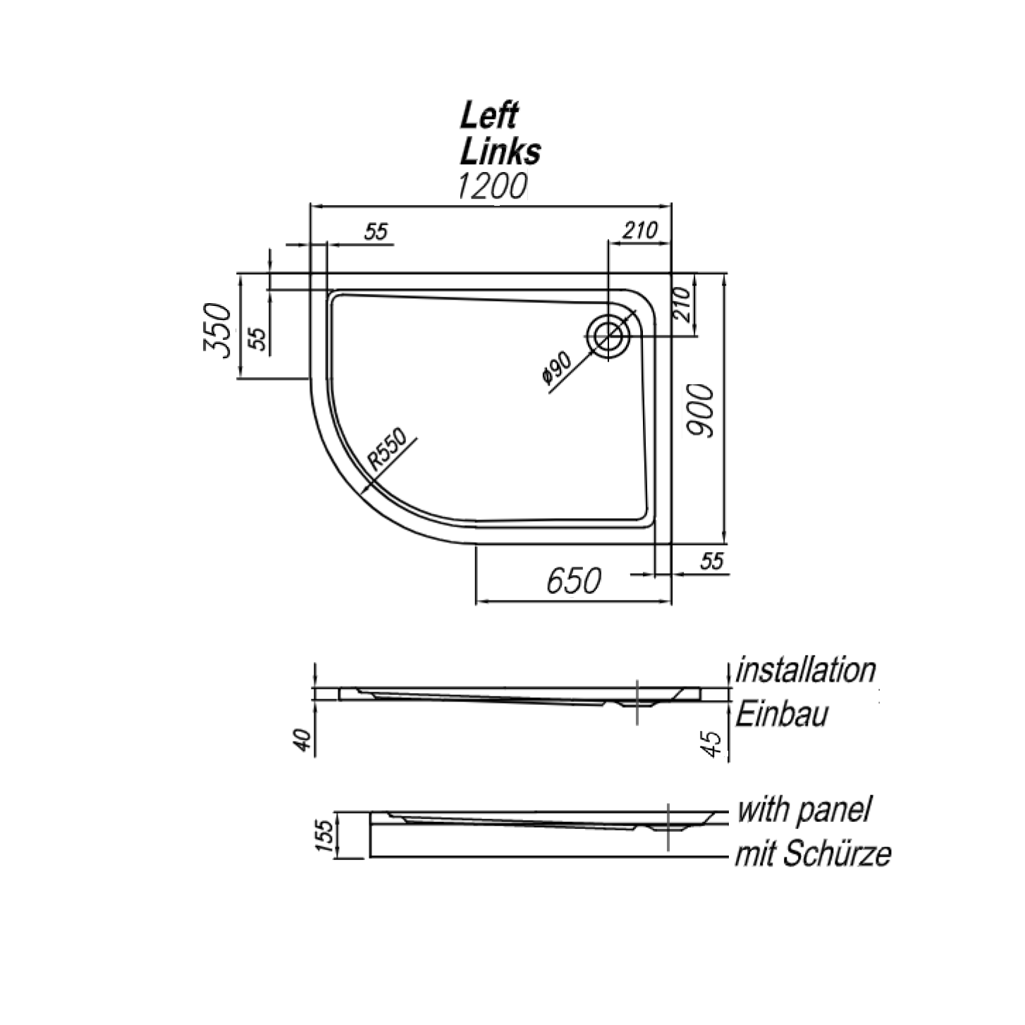 Kolpa San Malur L White 90x120x4 R550 tuš kada leva polukružna ugradna od sanitarnog akrila sa odlivom Ø90mm 792820