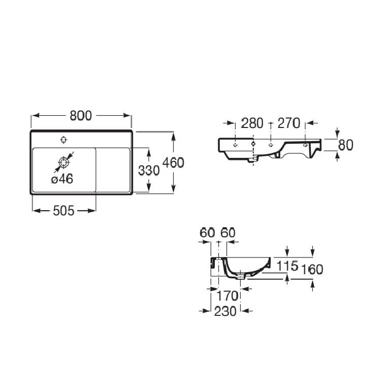 Roca Ona Matt White Fineceramic® umivaonik (lavabo) 80x46x8 konzolni sa rupom za bateriju i desnim zaravnjenjem A327689620
