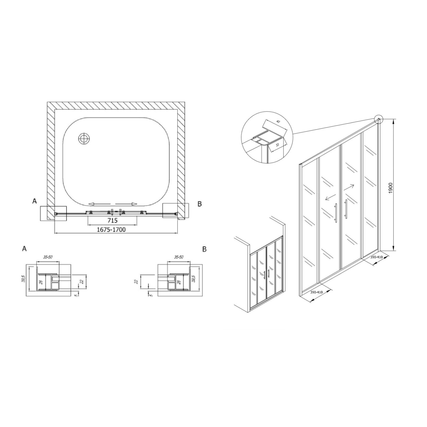 Kolpa San SQ Line 170 Chrome tuš vrata samostojeća četvorodelna visine 1900mm sa kaljenim providnim staklom debljine 5/6mm 511820