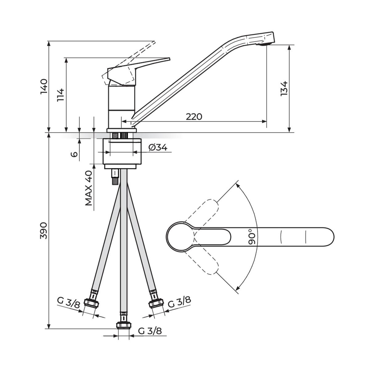Rosan Blau 134 Matt Black baterija (slavina) za sudoperu sa 3 cevi i izlivom dužine 220mm B138103B