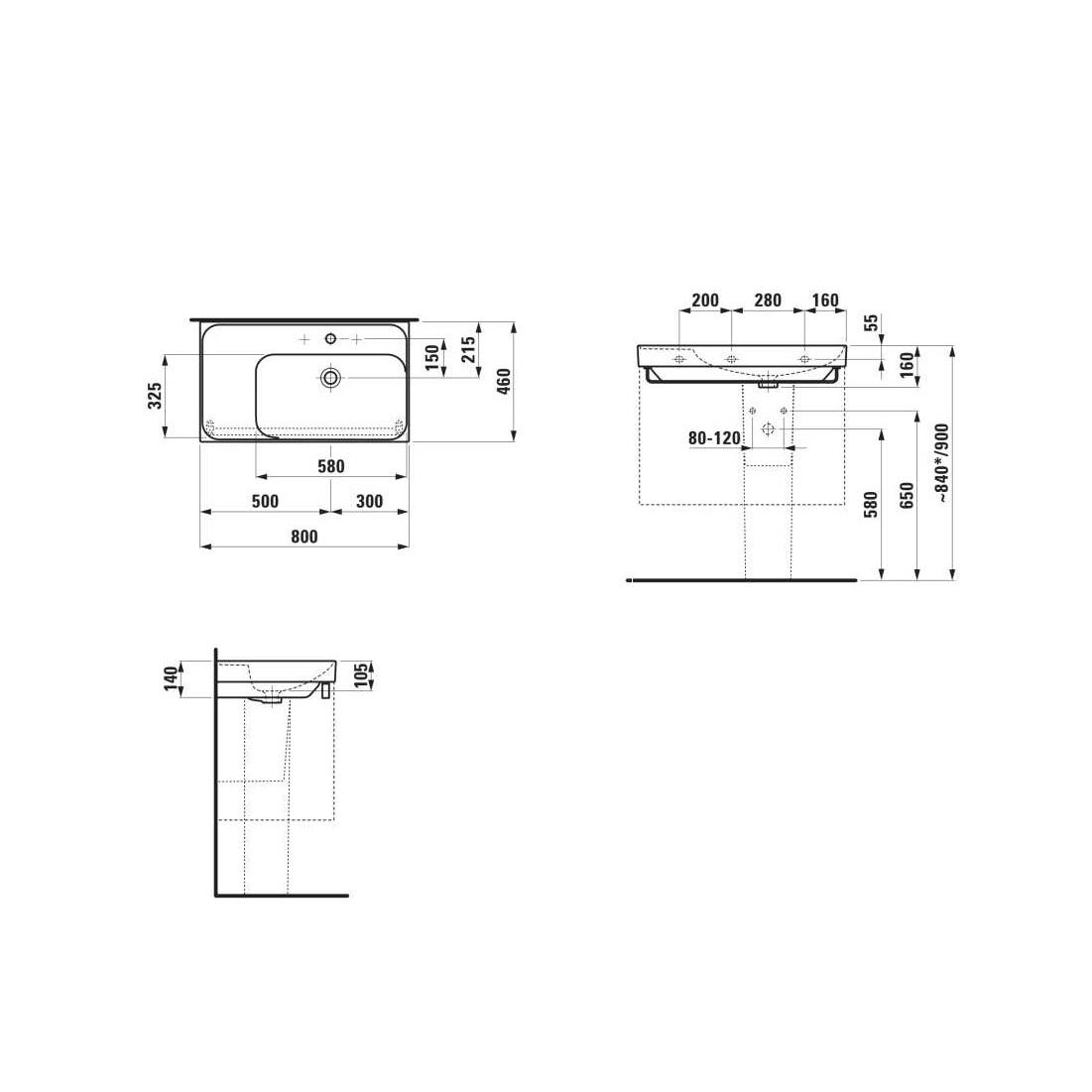 Laufen Meda White umivaonik (lavabo) 80x46x14 konzolni sa rupom za bateriju i levim zaravnjenjem 8.1711.5.000.104.1