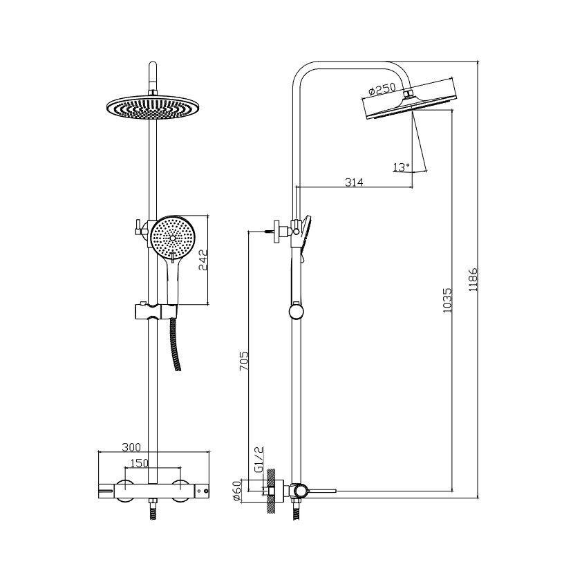 Giusta Ultima 250 Black Matte kompletni tuš sistem usponski sa baterijom, okruglim nadglavnim tušem i ručnim tuš setom sa kliznim držačem 71401BM0