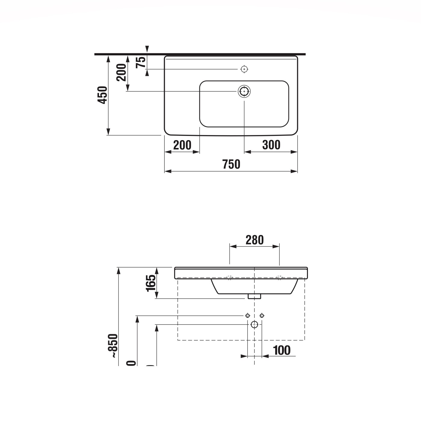Jika Cubito Pure White umivaonik (lavabo) 750x450x55 konzolni sa rupom za bateriju i sa prelivom asimetrični sa koritom desno 8.1242.1.000.104.1
