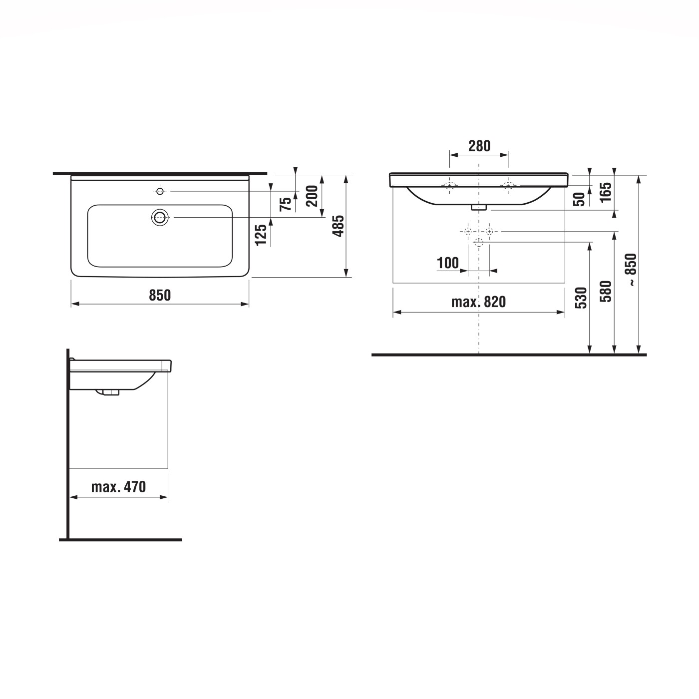 Jika Cubito Pure White umivaonik (lavabo) 850x485x50 konzolni sa rupom za bateriju i sa prelivom 8.1042.6.000.104.1 