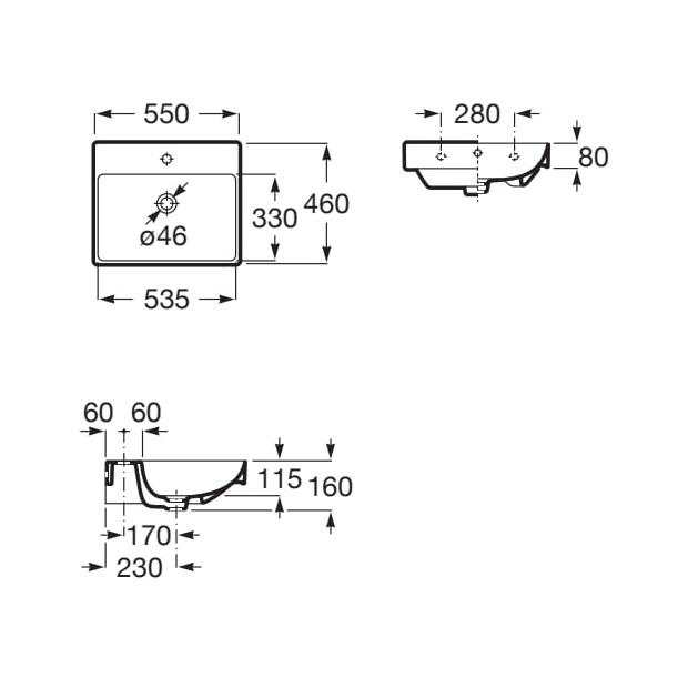 Roca Ona White Fineceramic® umivaonik (lavabo) 55x46x8 konzolni sa rupom za bateriju i prelivom A327685000