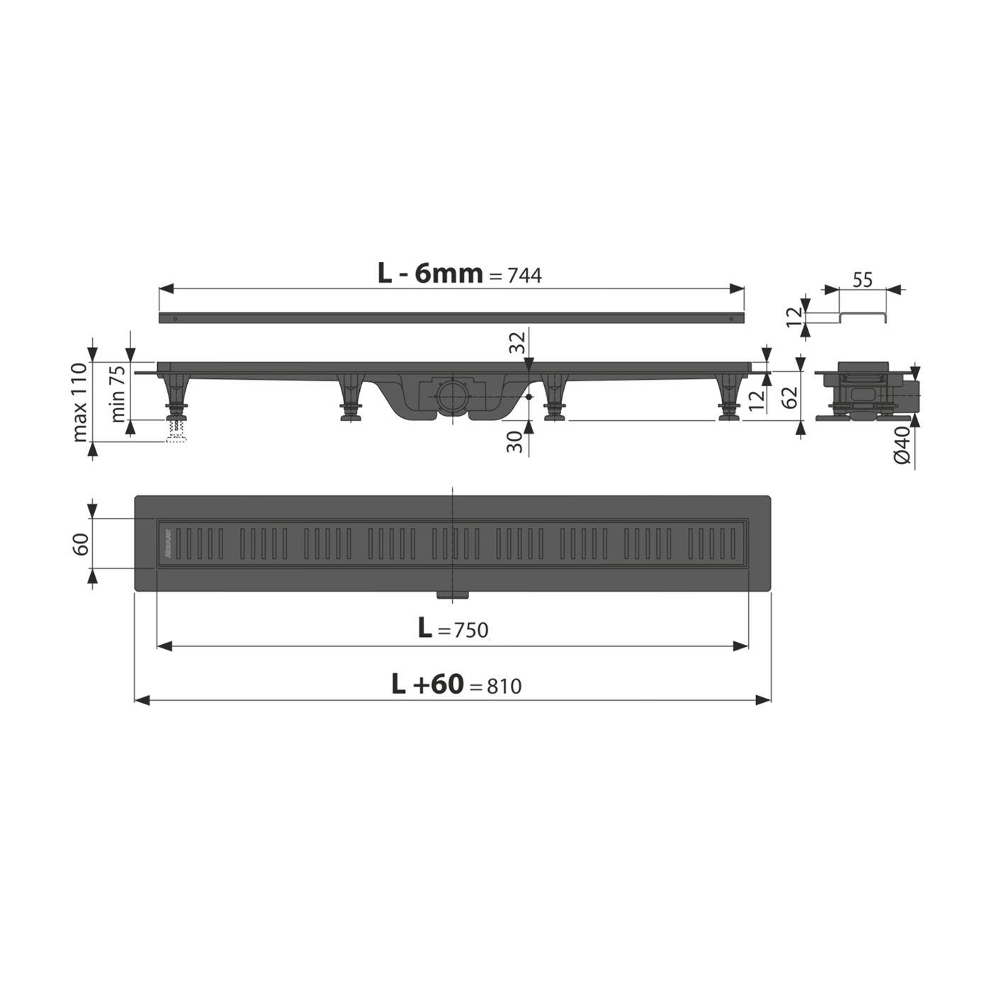 Alca Drain APZ10-750 Brass telo kanala sa visinom ugradnje 75-110mm i Simple pokrivnom perforiranom rešetkom od nerđajućeg čelika dužine 75cm