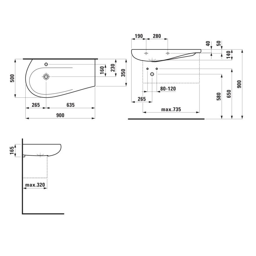 Laufen Il Bagno Alessi White LCC umivaonik (lavabo) 90x50x16,5 konzolni sa desnim zaravnjenjem i keramičkim poklopcem odlivnog ventila sifona nezatvorivim 8.1497.5.400.109.1