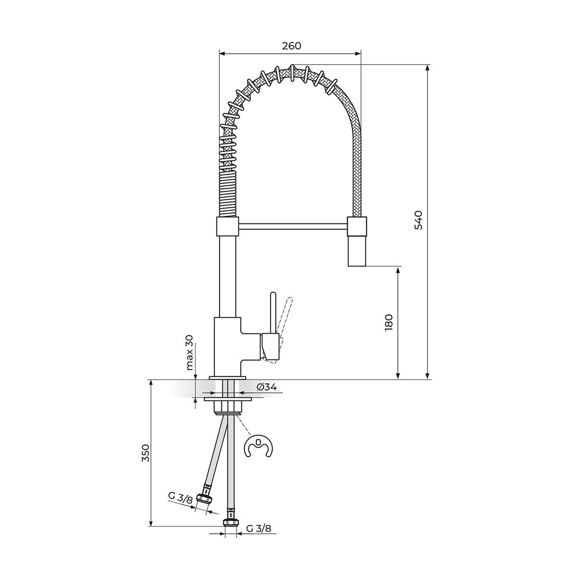 Rosan Zerro 180 Chrome baterija (slavina) za sudoperu poluprofesionalna sa fleksibilnim izlivom sa oprugom JZ38801
