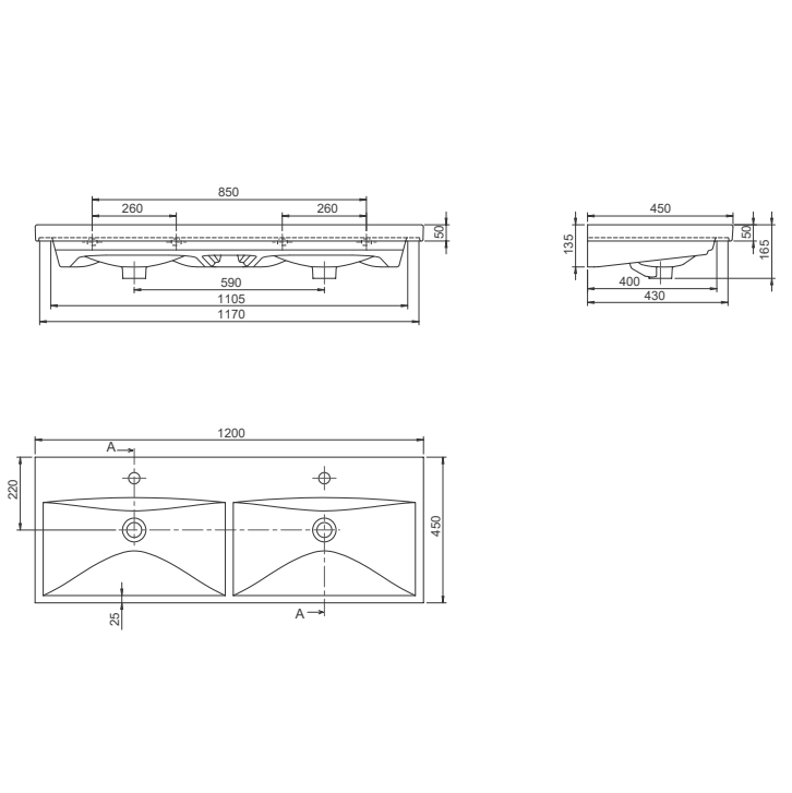 Turkuaz CeraStyle Elite White umivaonik (lavabo) 120x45x5 konzolni sa duplim koritom, rupom za bateriju i prelivom 32500U