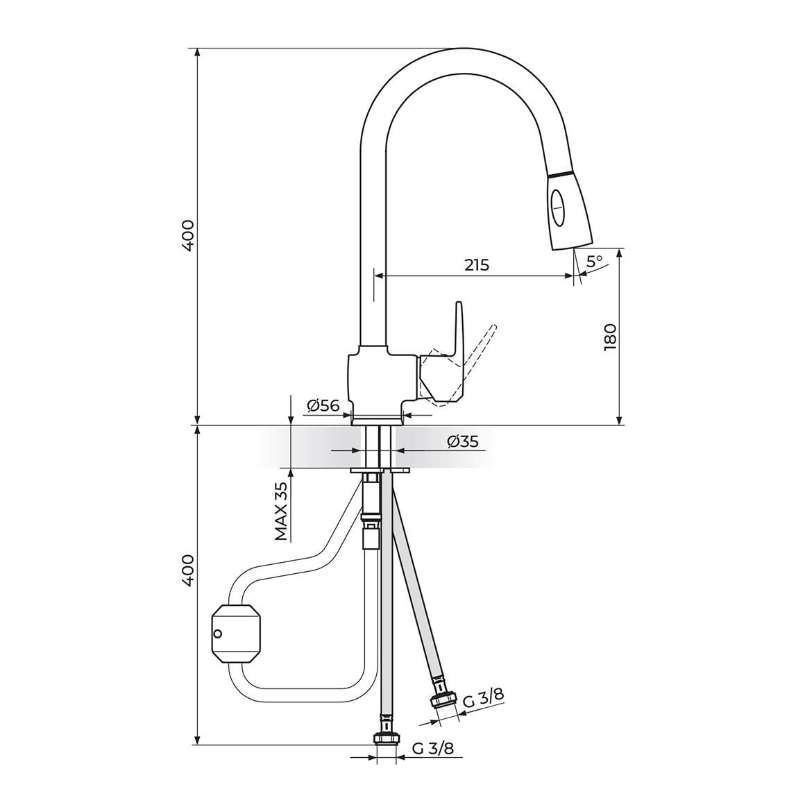 Rosan Cubo 180 Chrome baterija (slavina) za sudoperu sa izvlačećim tušem 1 mlaz JC38501