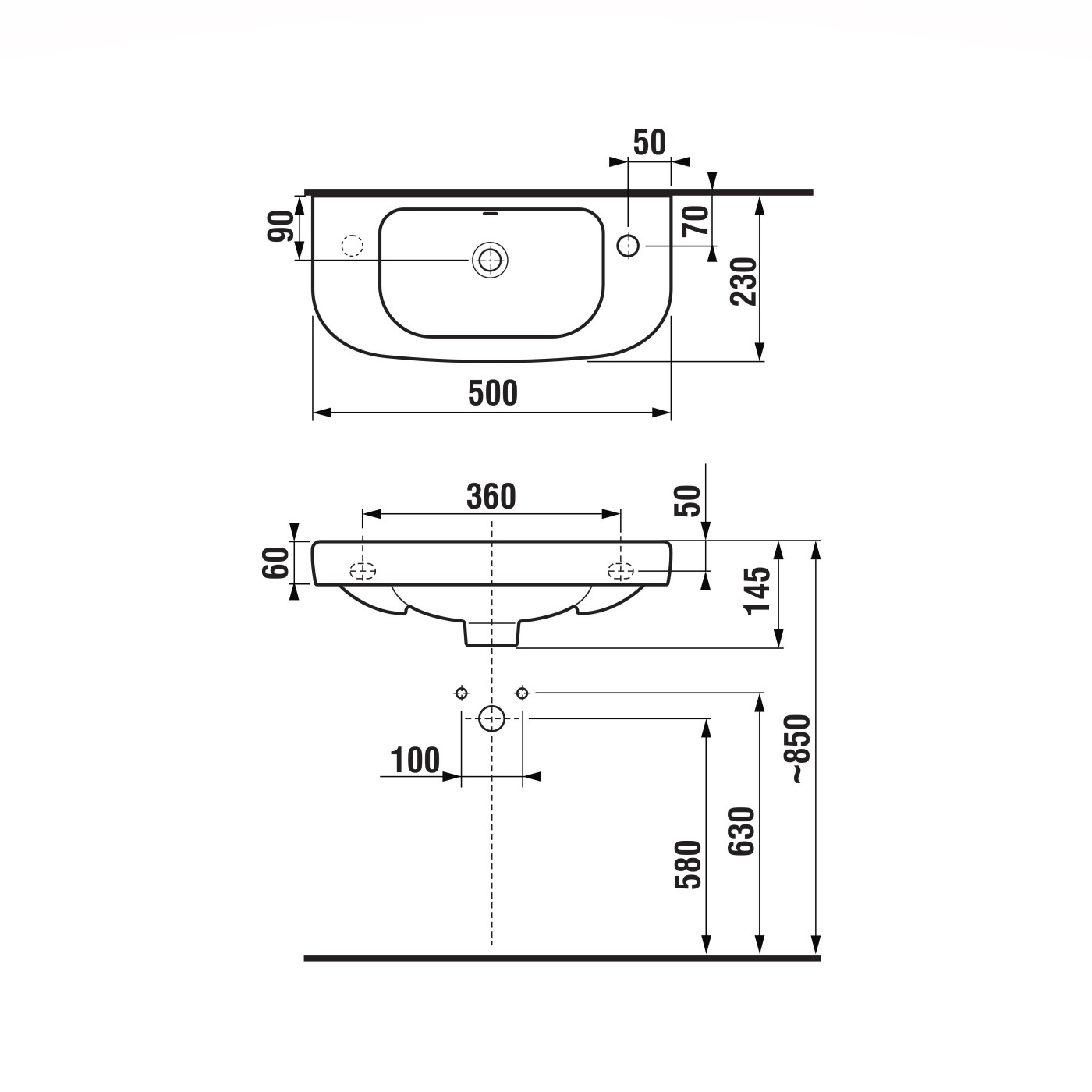 Jika Deep White umivaonik (lavabo) 50x23x0,6 konzolni sa rupom za bateriju desno i sa prelivom 8.1561.5.000.106.1